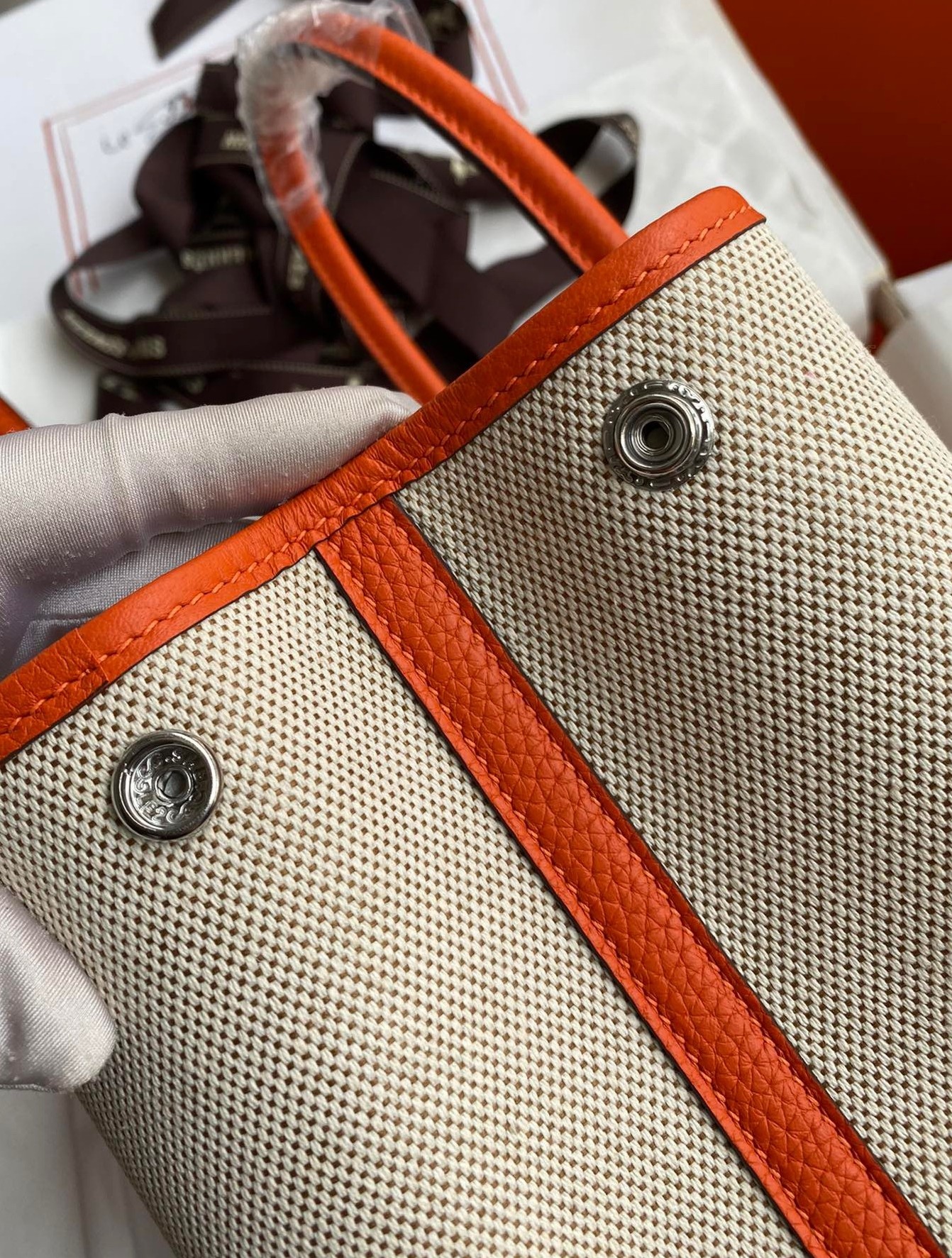 H**mes garden party 30 handmade bag in toile and orange leather