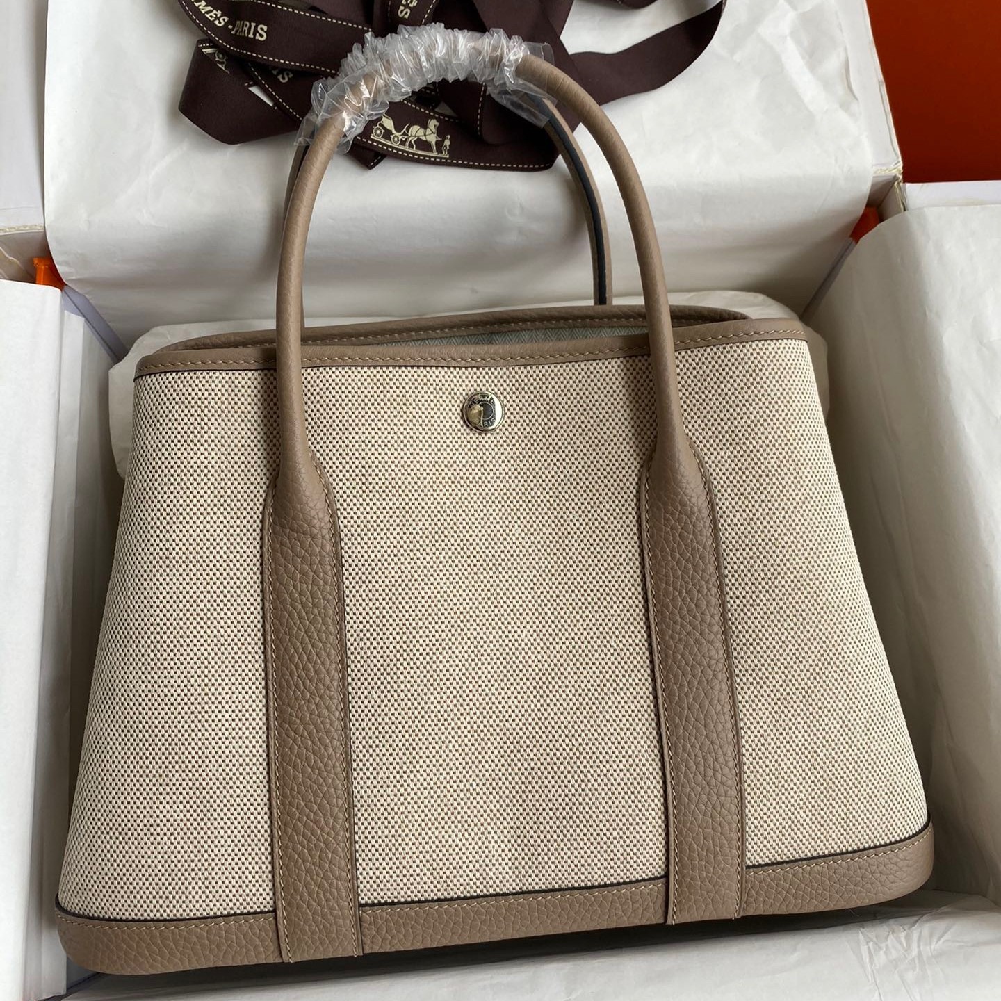 H**mes garden party 30 handmade bag in toile and tourterelle leather