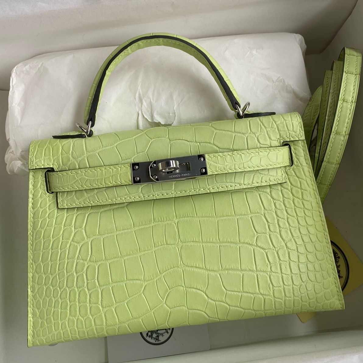 H**mes kelly mini ii sellier handmade bag in jaune bourgeon matte alligator leather