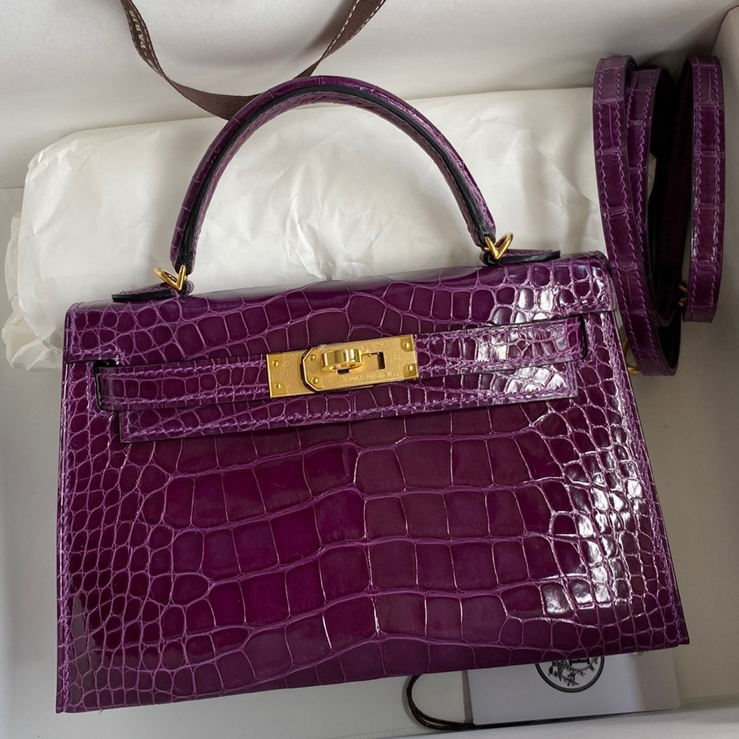 H**mes kelly mini ii sellier handmade bag in purple shiny alligator leather