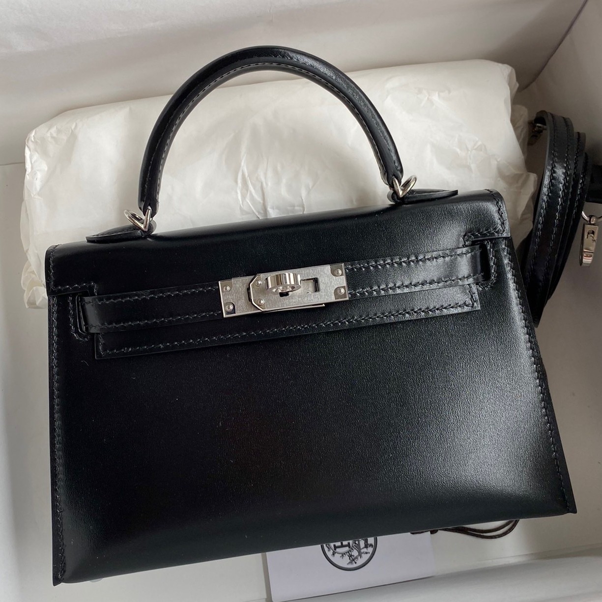 H**mes kelly mini ii sellier handmade bag in black box calfskin