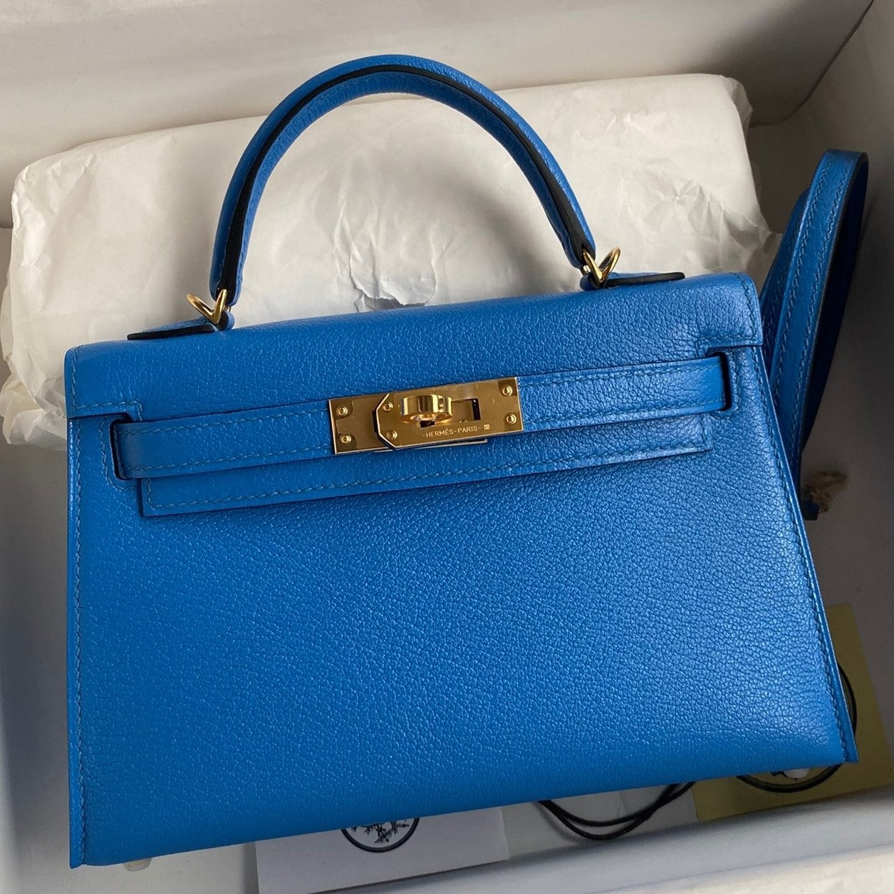 H**mes kelly mini ii sellier handmade bag in blue hydra chevre mysore leather