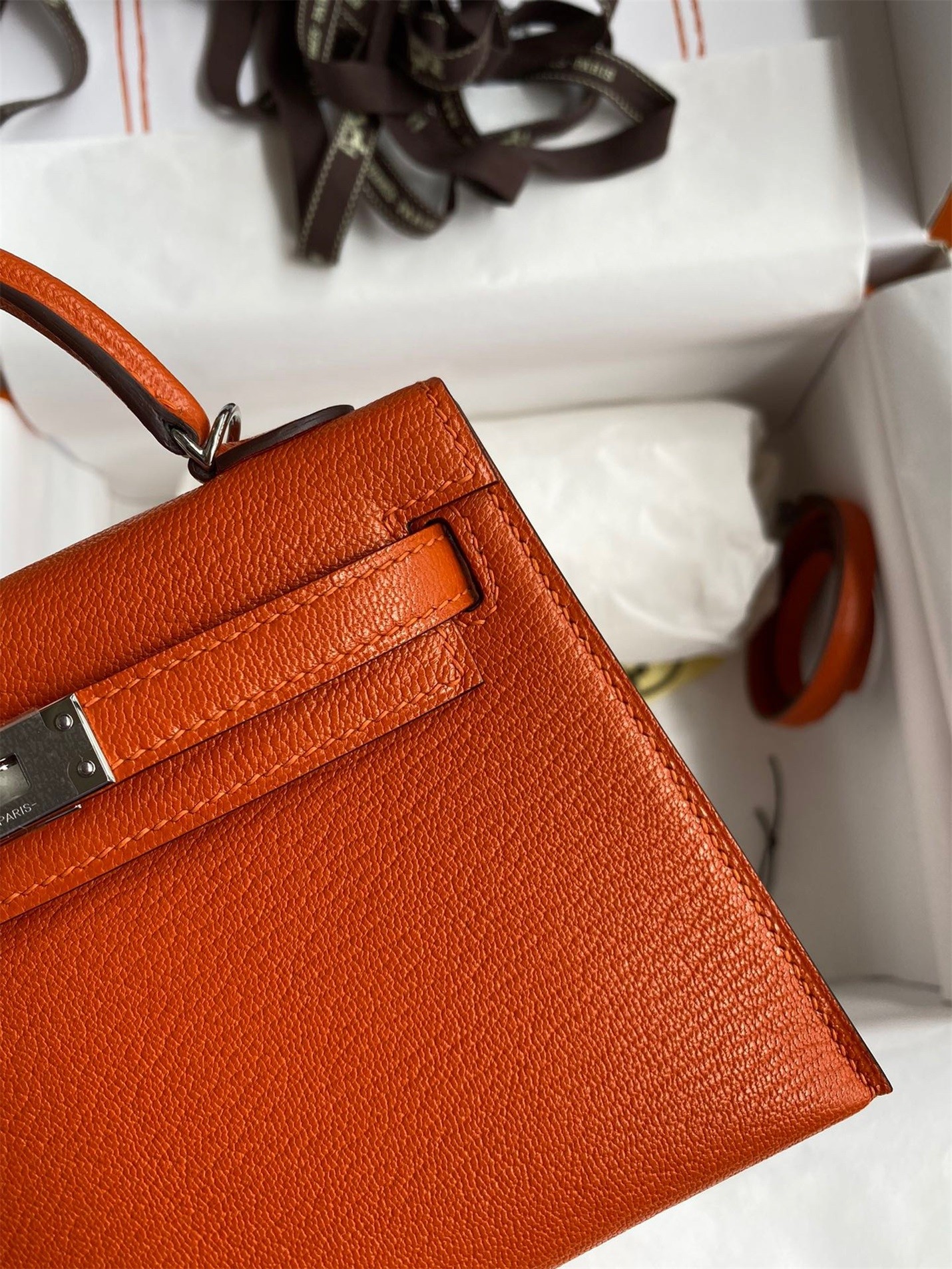 H**mes kelly mini ii sellier handmade bag in orange chevre mysore leather