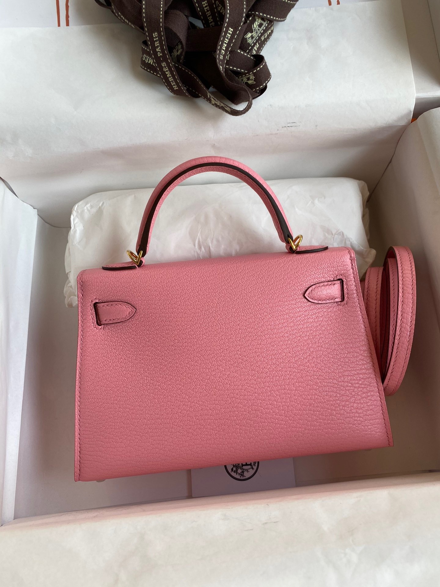 H**mes kelly mini ii sellier handmade bag in rose confetti chevre mysore leather