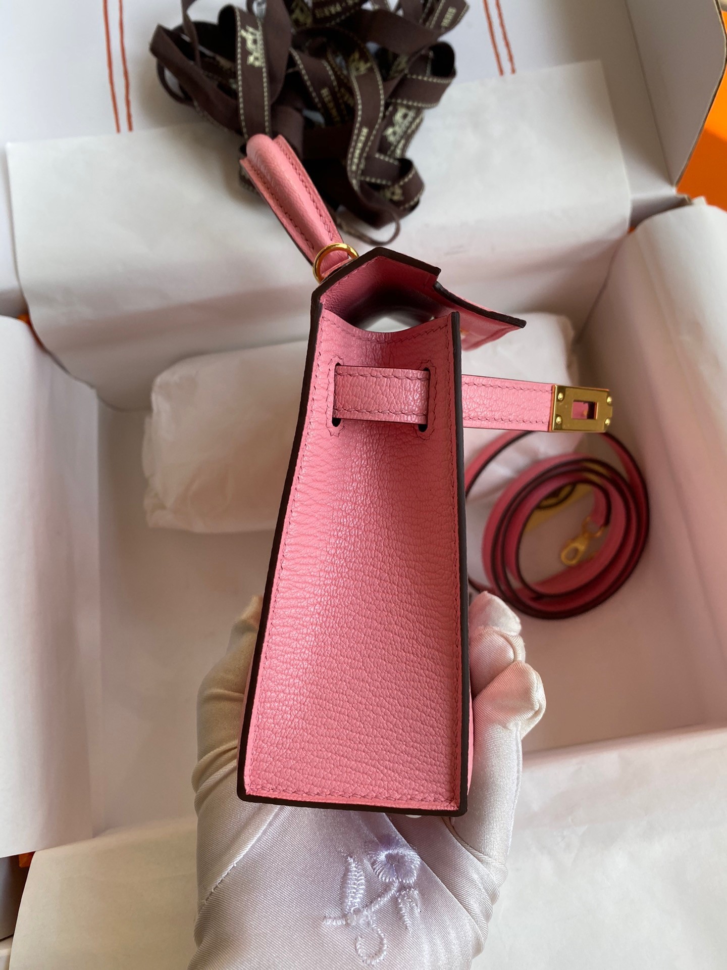 H**mes kelly mini ii sellier handmade bag in rose confetti chevre mysore leather
