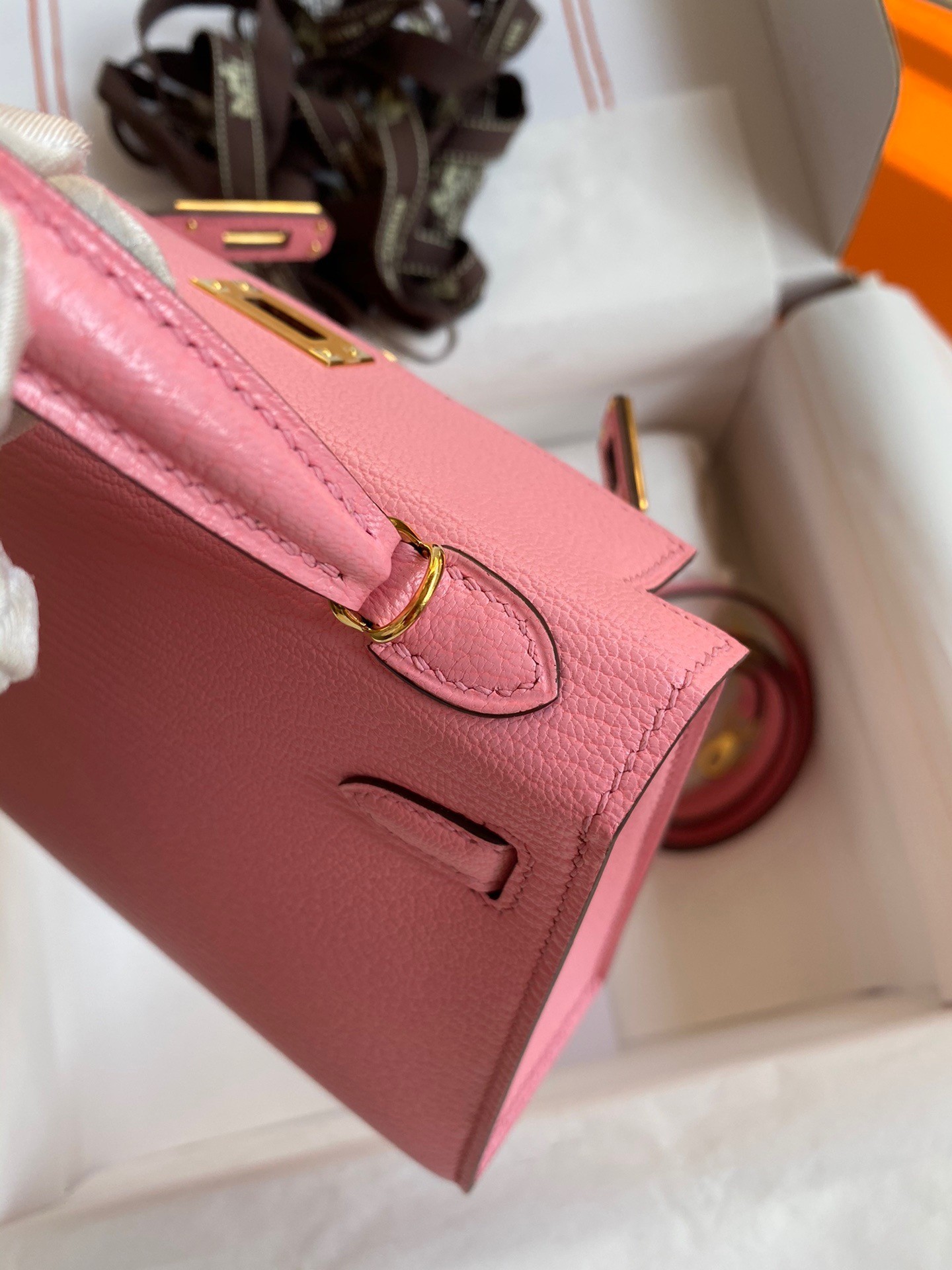 H**mes kelly mini ii sellier handmade bag in rose confetti chevre mysore leather