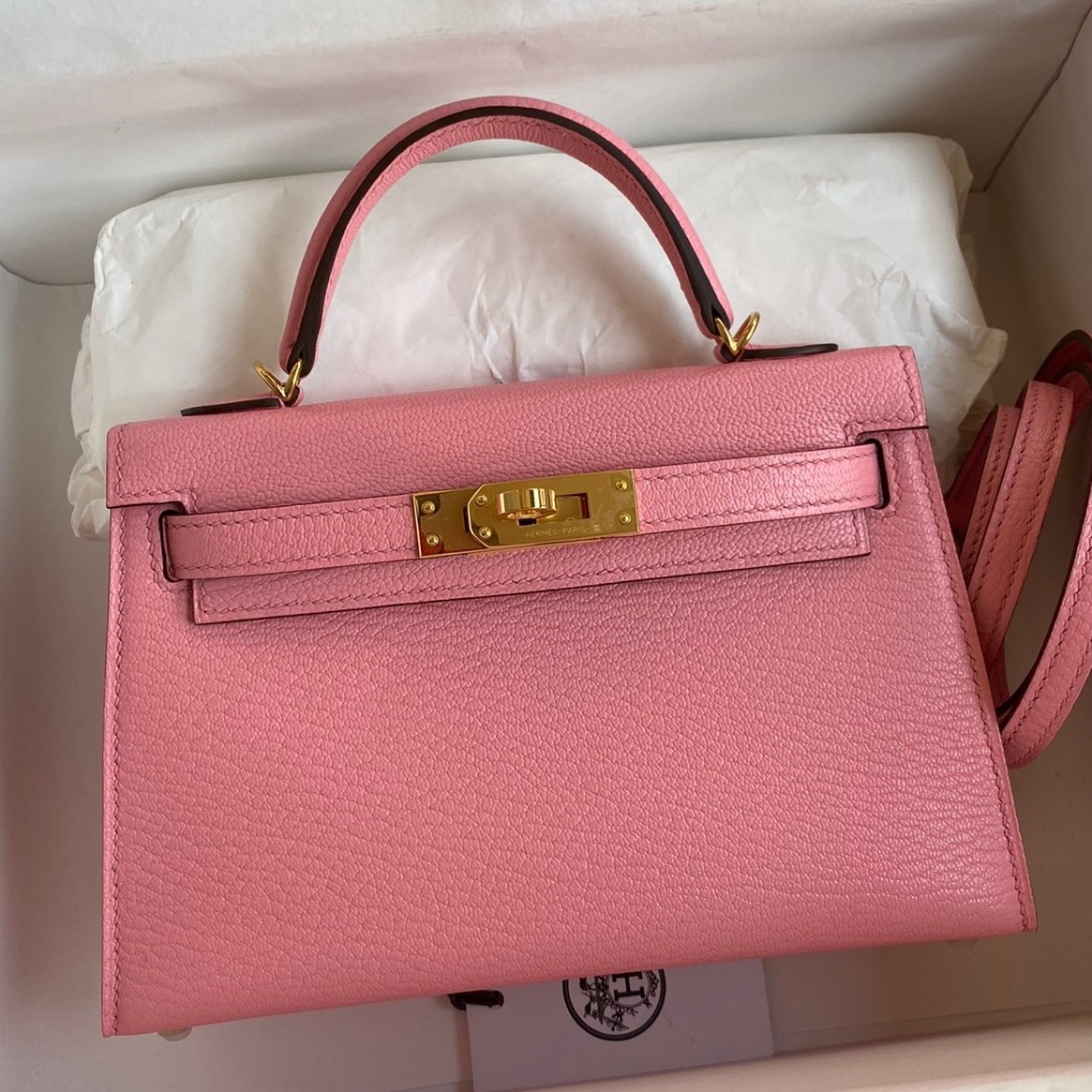 H**mes kelly mini ii sellier handmade bag in rose confetti chevre mysore leather