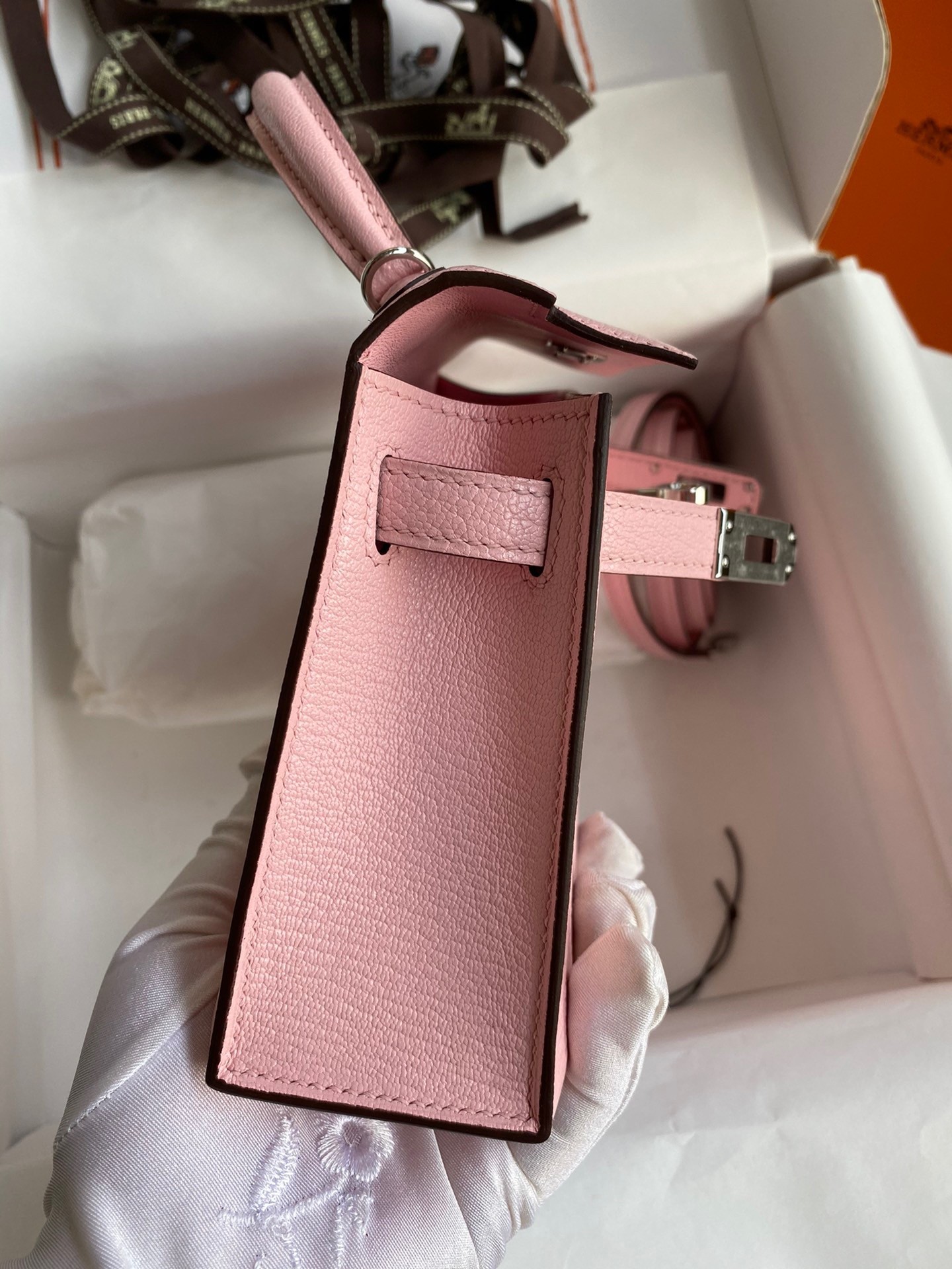 H**mes kelly mini ii sellier handmade bag in rose sakura chevre mysore leather