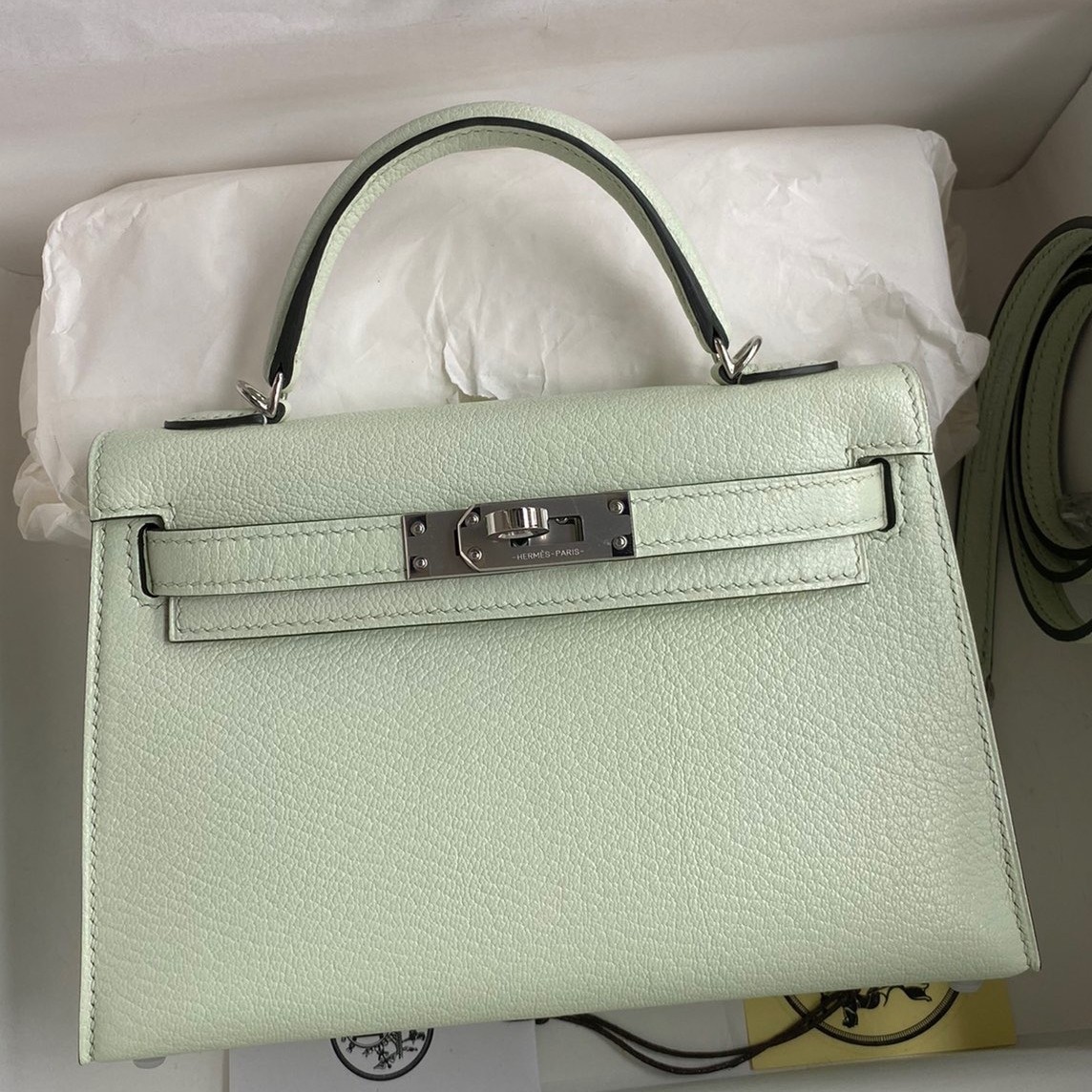 H**mes kelly mini ii sellier handmade bag in vert fizz chevre mysore leather