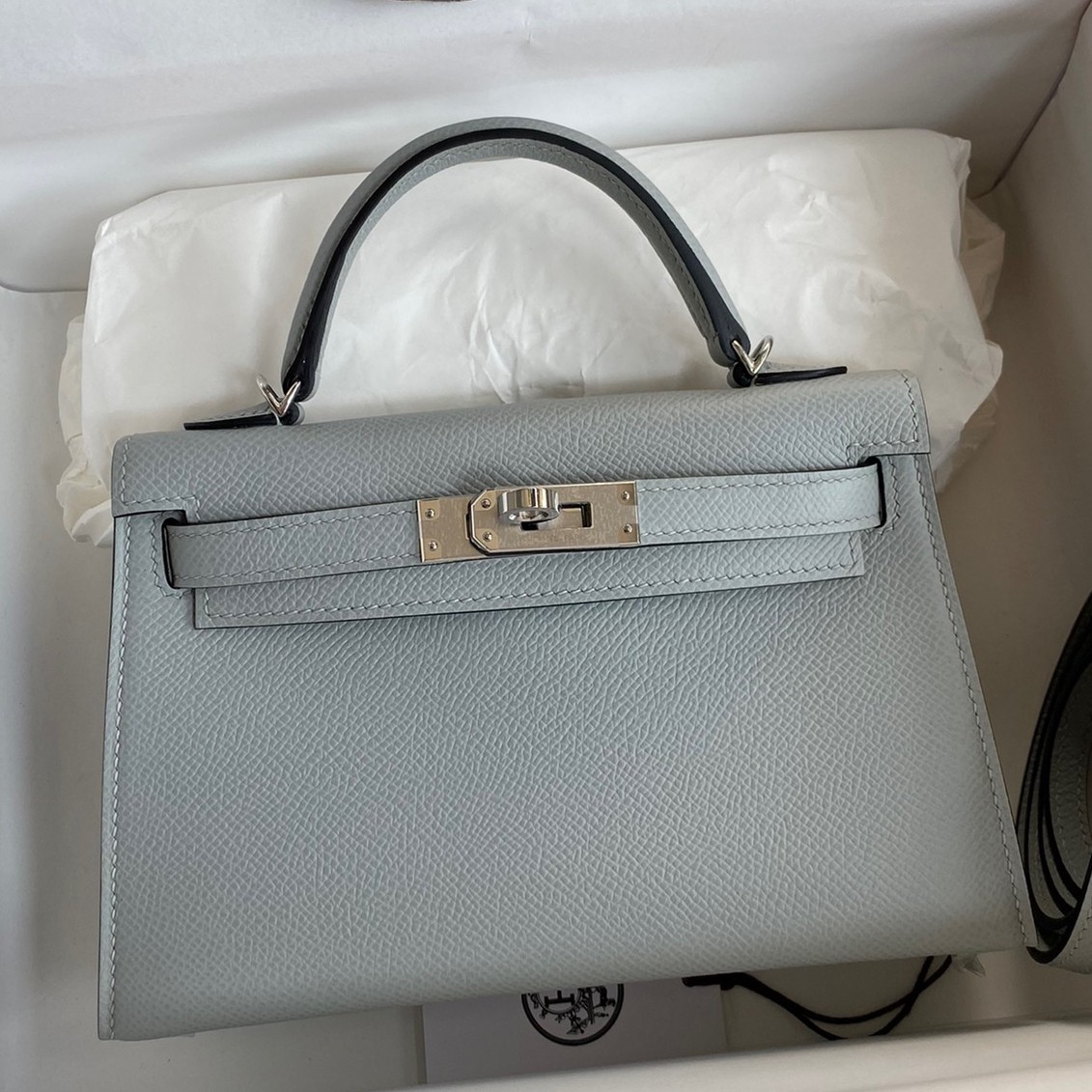 H**mes kelly mini ii sellier handmade bag in blue glacier epsom calfskin