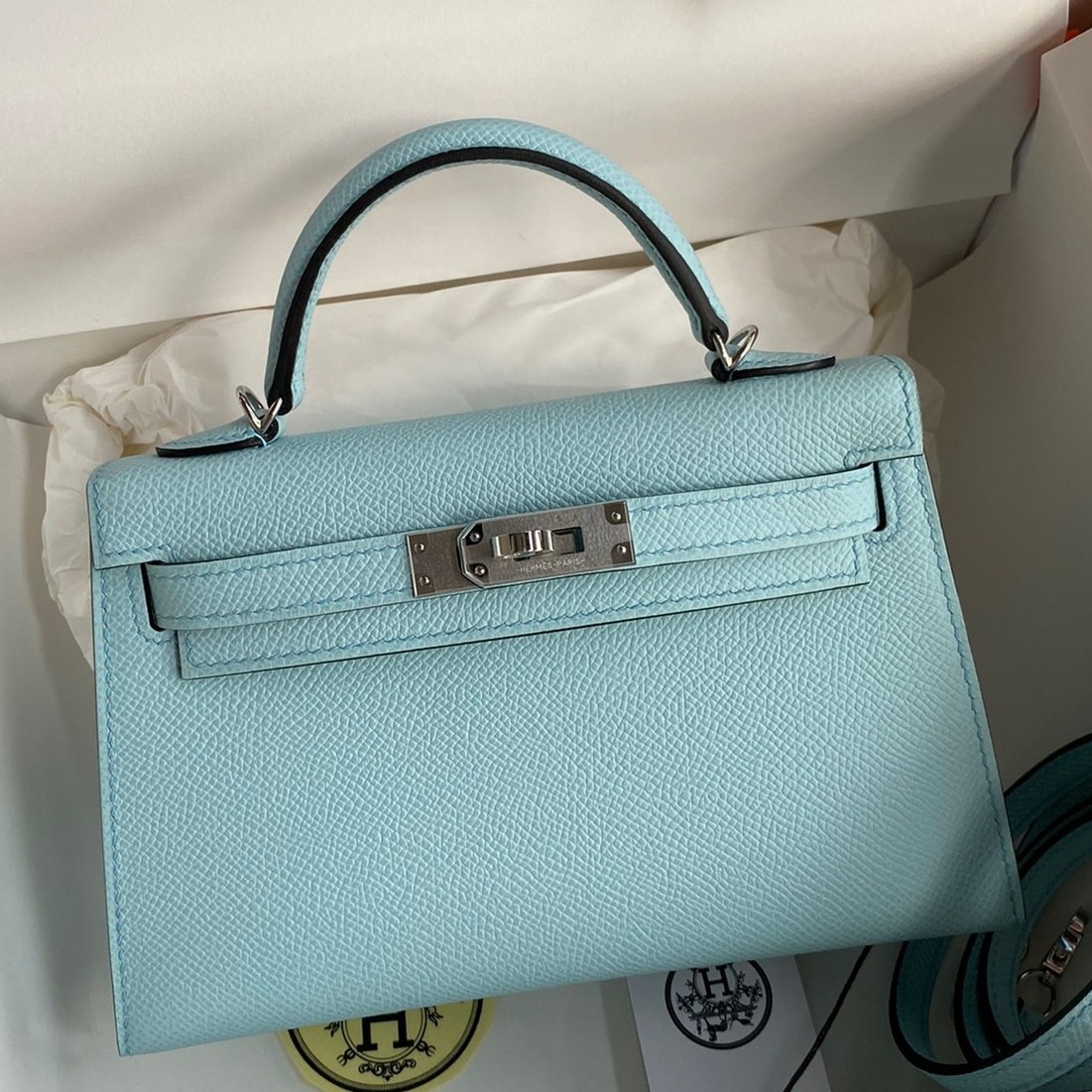 H**mes kelly mini ii sellier handmade bag in blue zephyr epsom calfskin