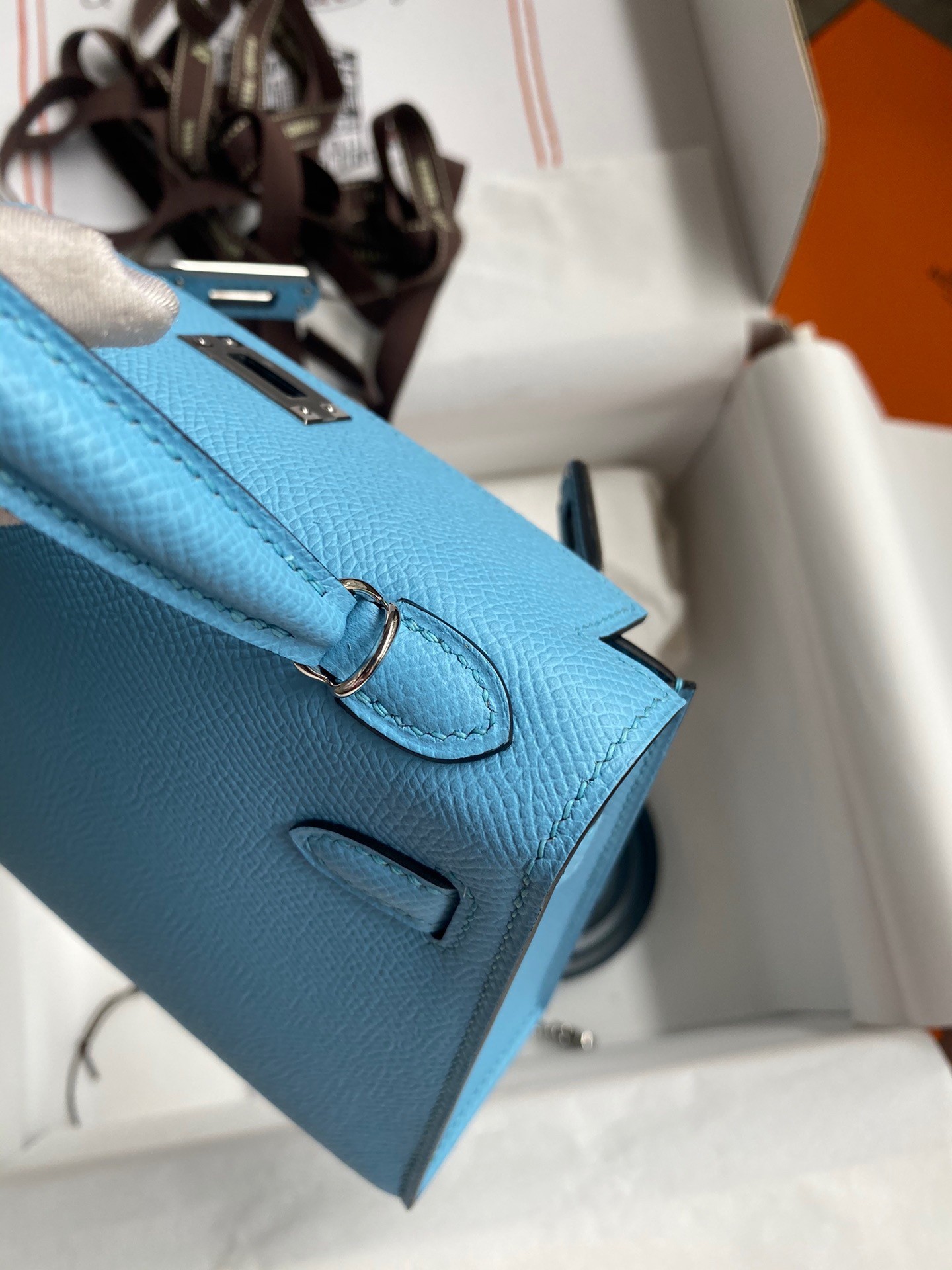 H**mes kelly mini ii sellier handmade bag in celeste epsom calfskin