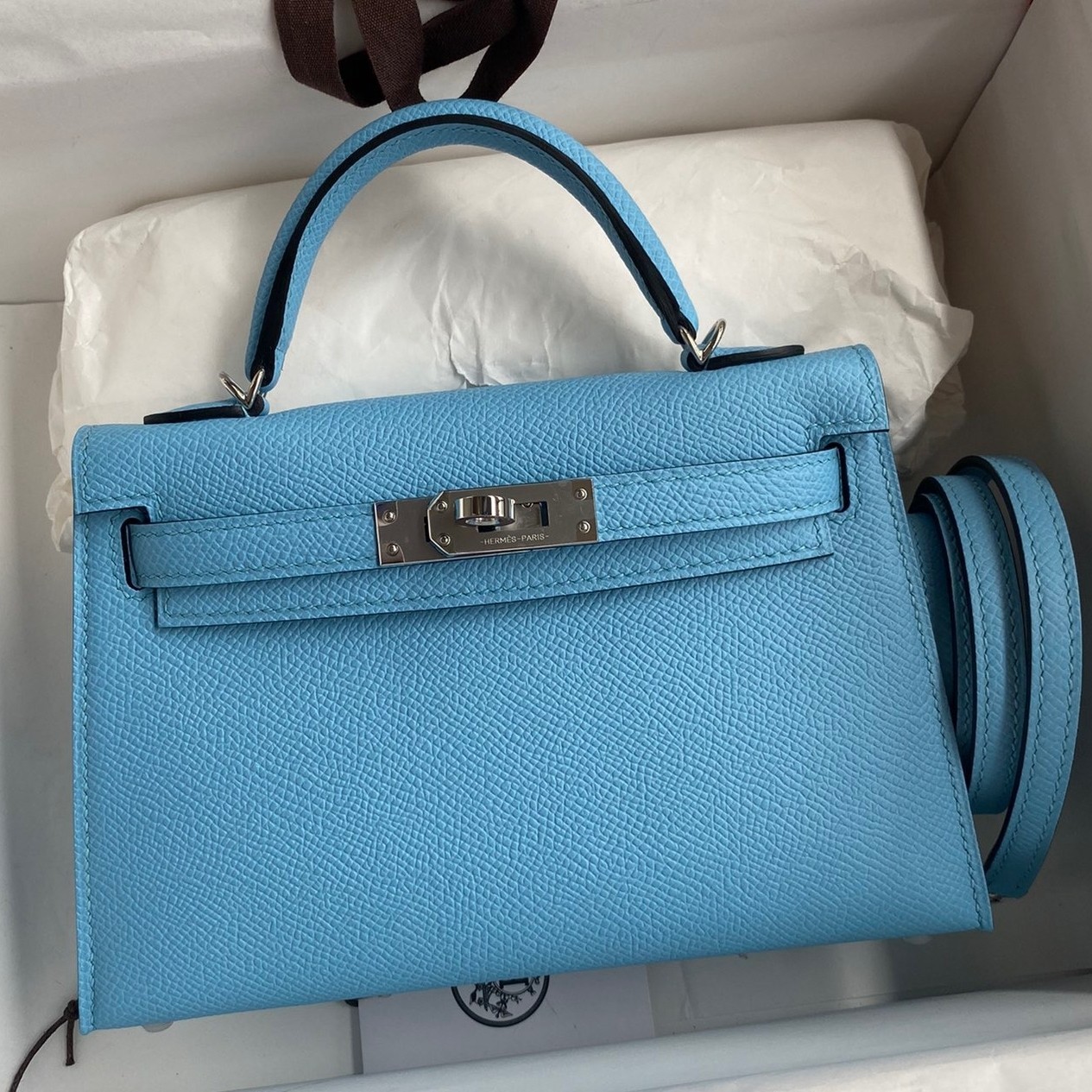 H**mes kelly mini ii sellier handmade bag in celeste epsom calfskin