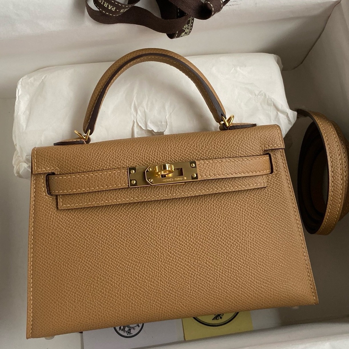 H**mes kelly mini ii sellier handmade bag in chai epsom calfskin