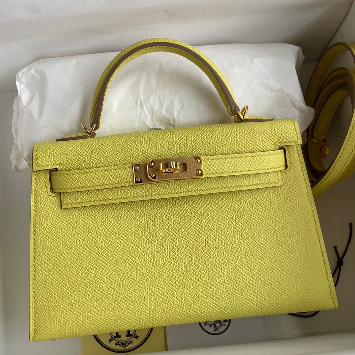 H**mes kelly mini ii sellier handmade bag in lime epsom calfskin