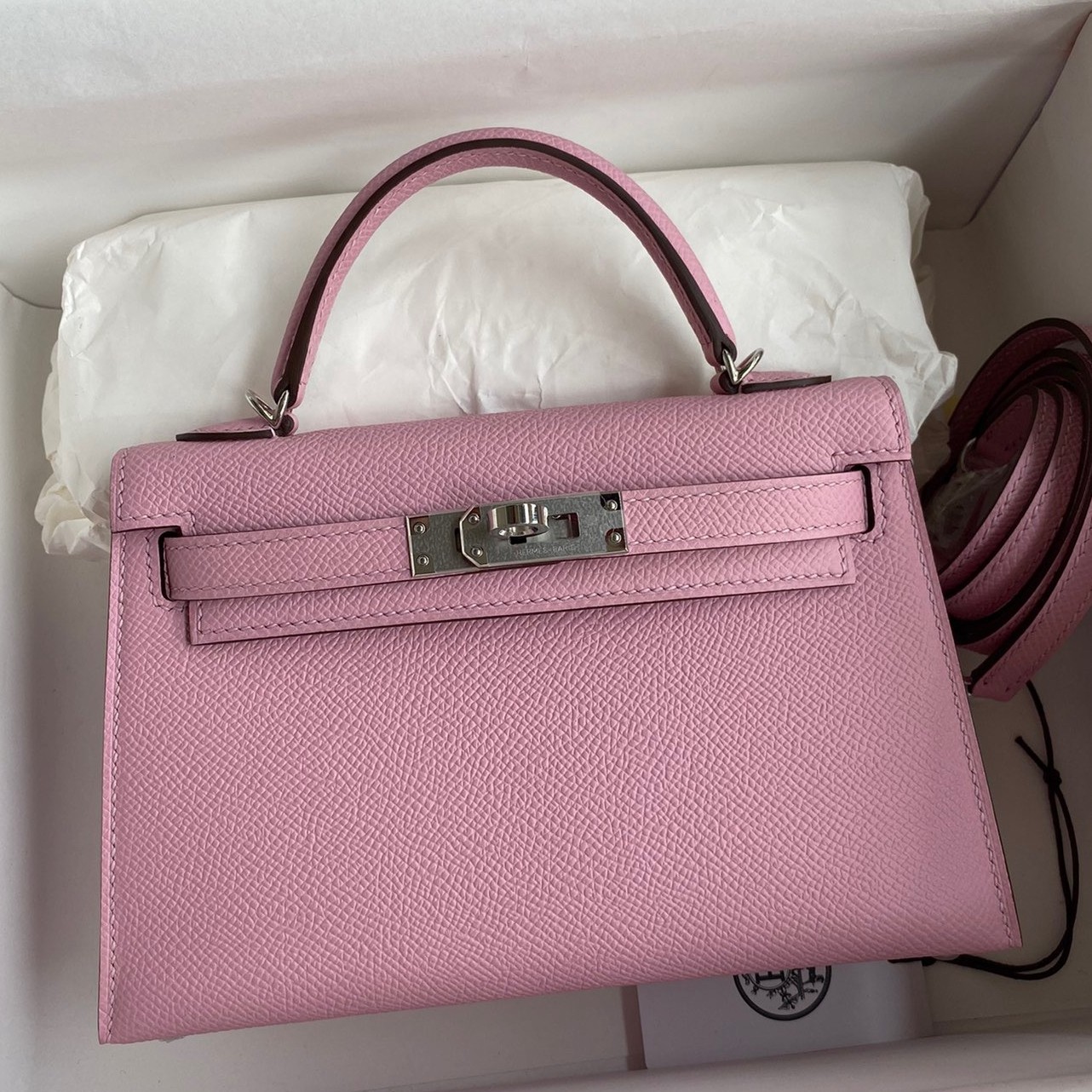 H**mes kelly mini ii sellier handmade bag in mauve sylvestre epsom calfskin