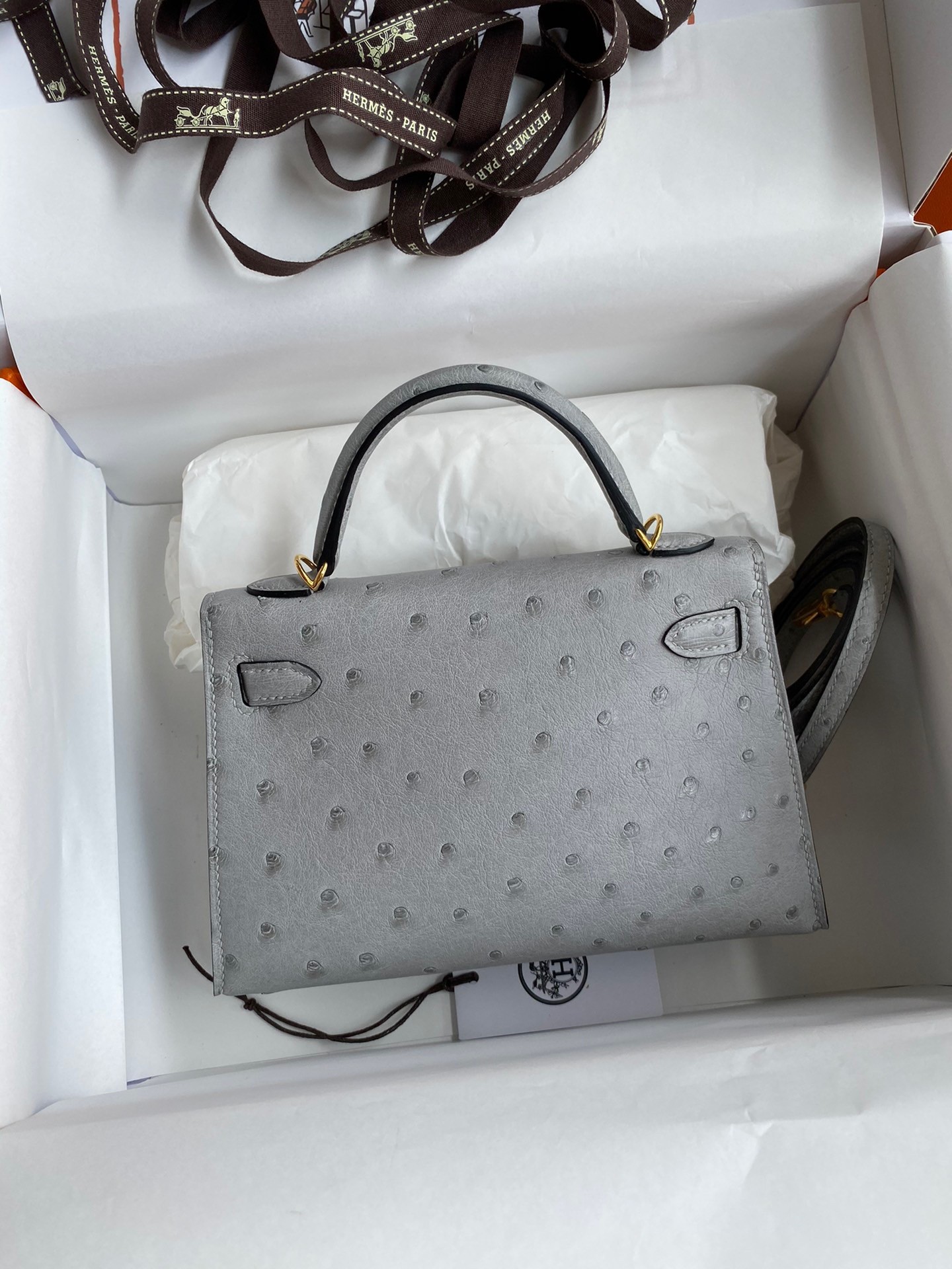 H**mes kelly mini ii sellier handmade bag in bleu glacier ostrich leather
