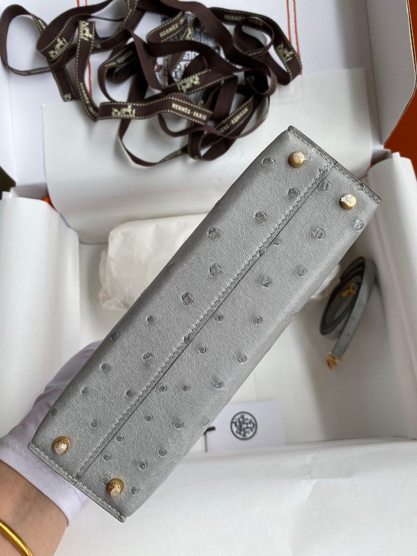 H**mes kelly mini ii sellier handmade bag in bleu glacier ostrich leather