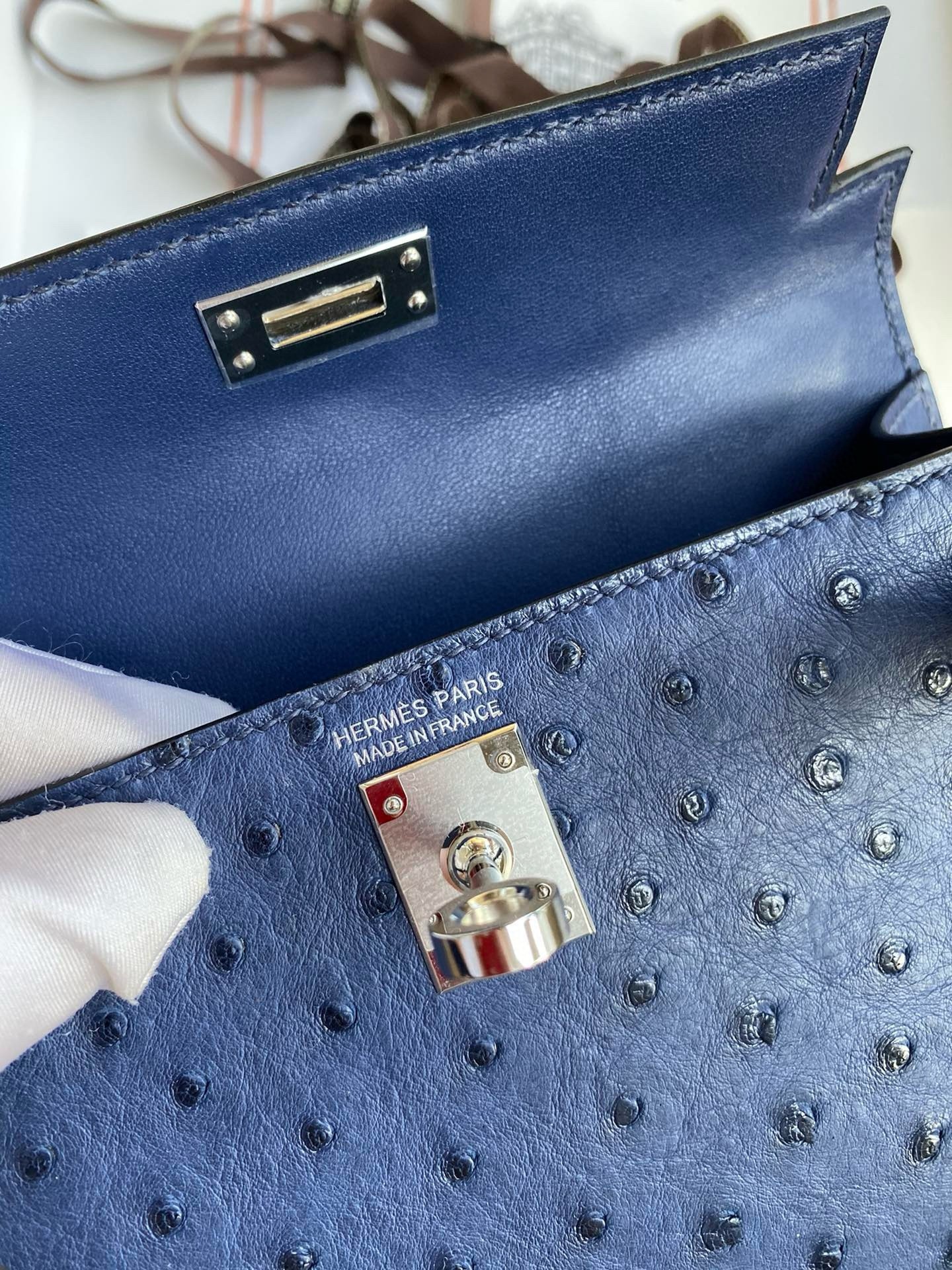 H**mes kelly mini ii sellier handmade bag in blue iris ostrich leather