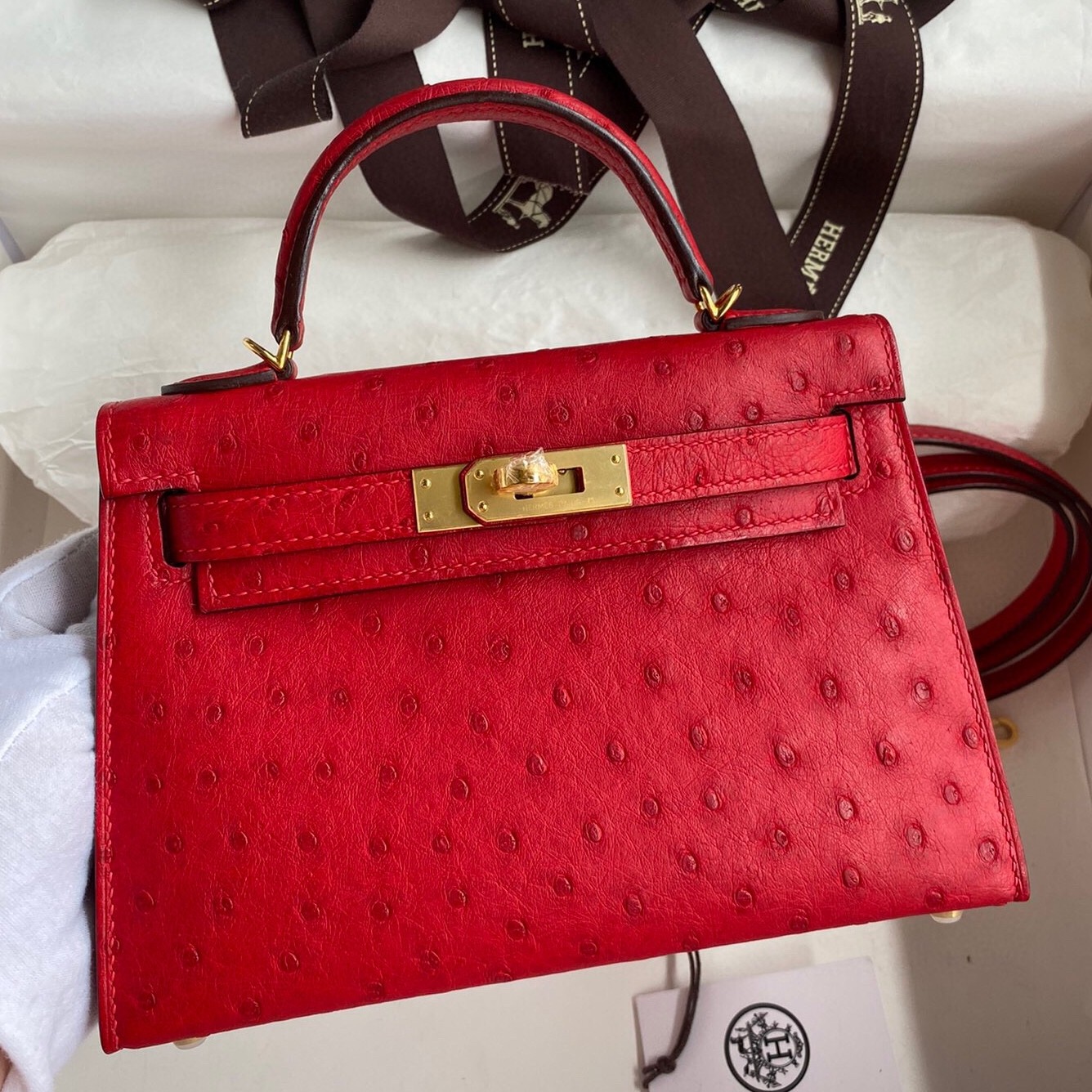 H**mes kelly mini ii sellier handmade bag in red ostrich leather