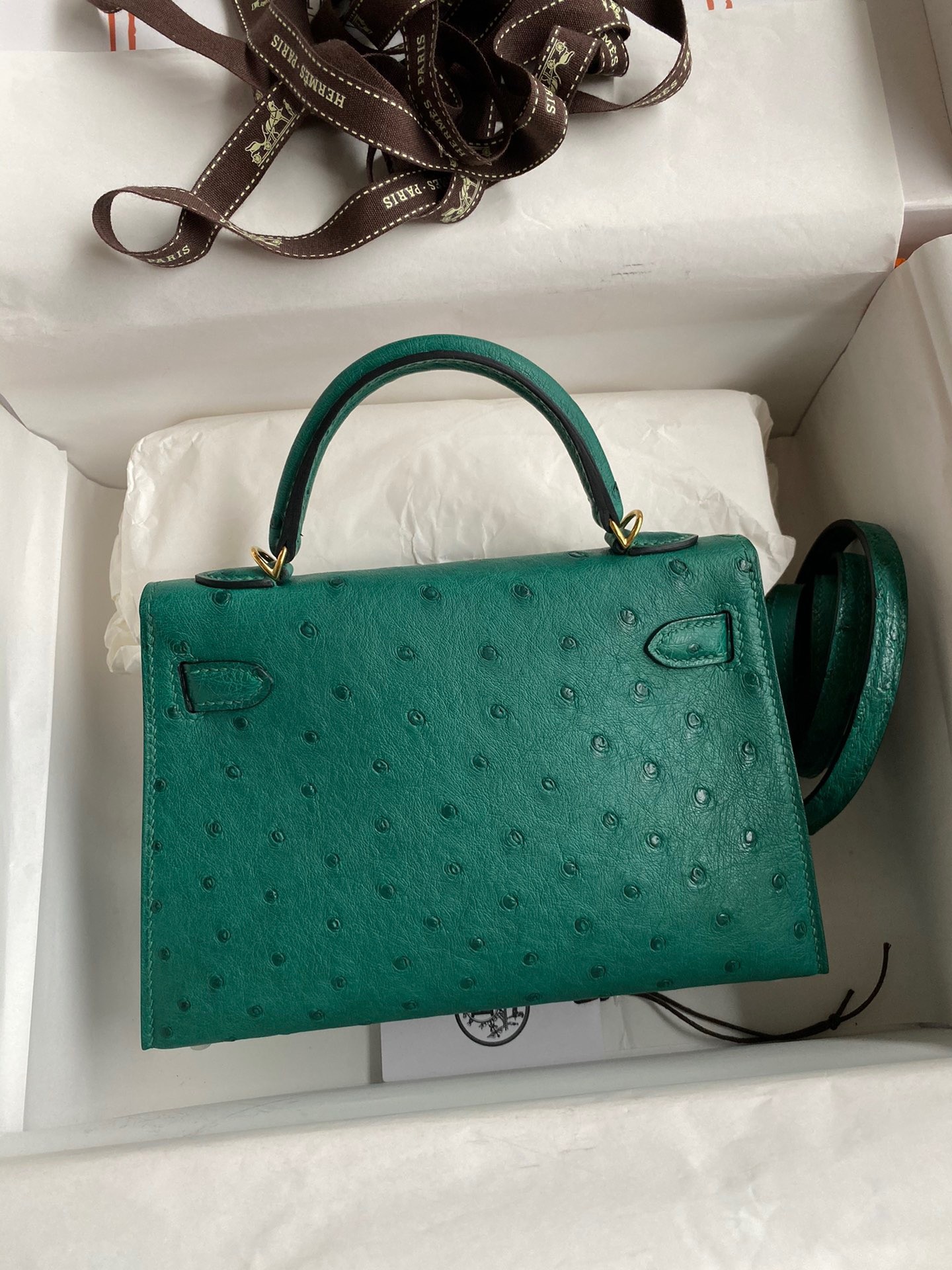 H**mes kelly mini ii sellier handmade bag in vert vertigo ostrich leather
