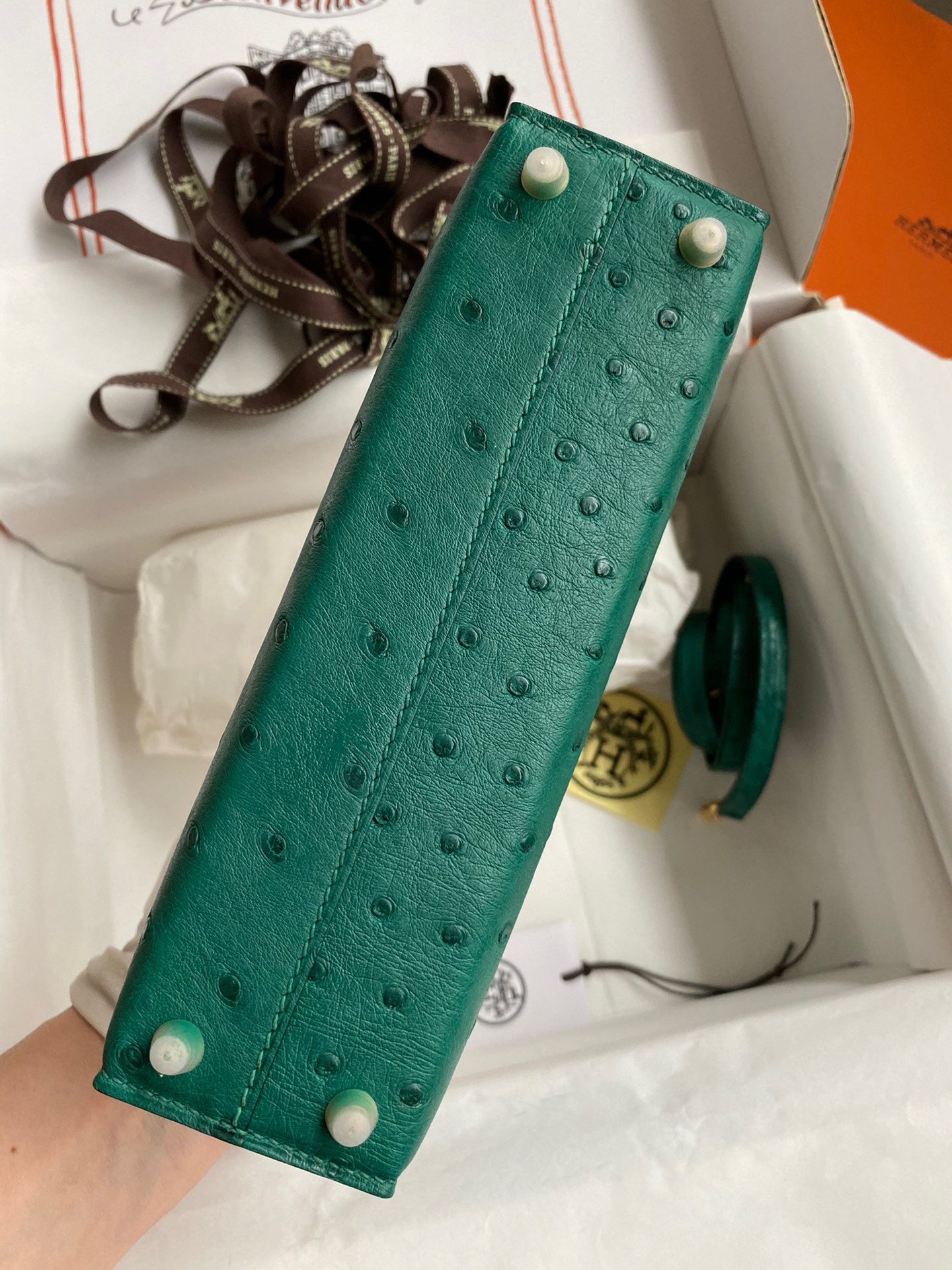H**mes kelly mini ii sellier handmade bag in vert vertigo ostrich leather