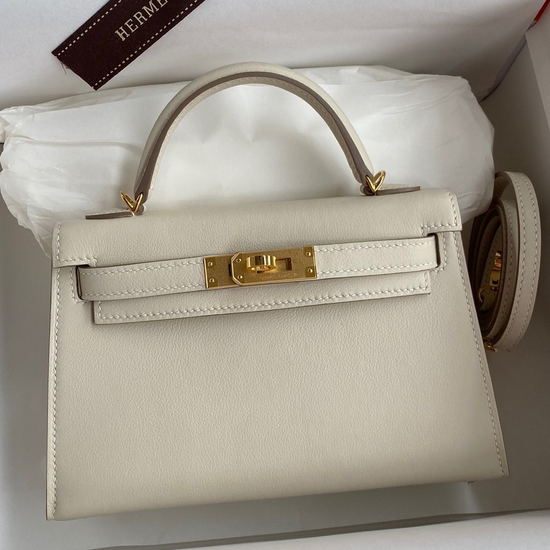 H**mes kelly mini ii sellier handmade bag in craie swift calfskin