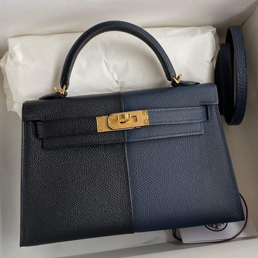 H**mes kelly mini ii sellier tri-color bag in black/blue indigo/red calfskin