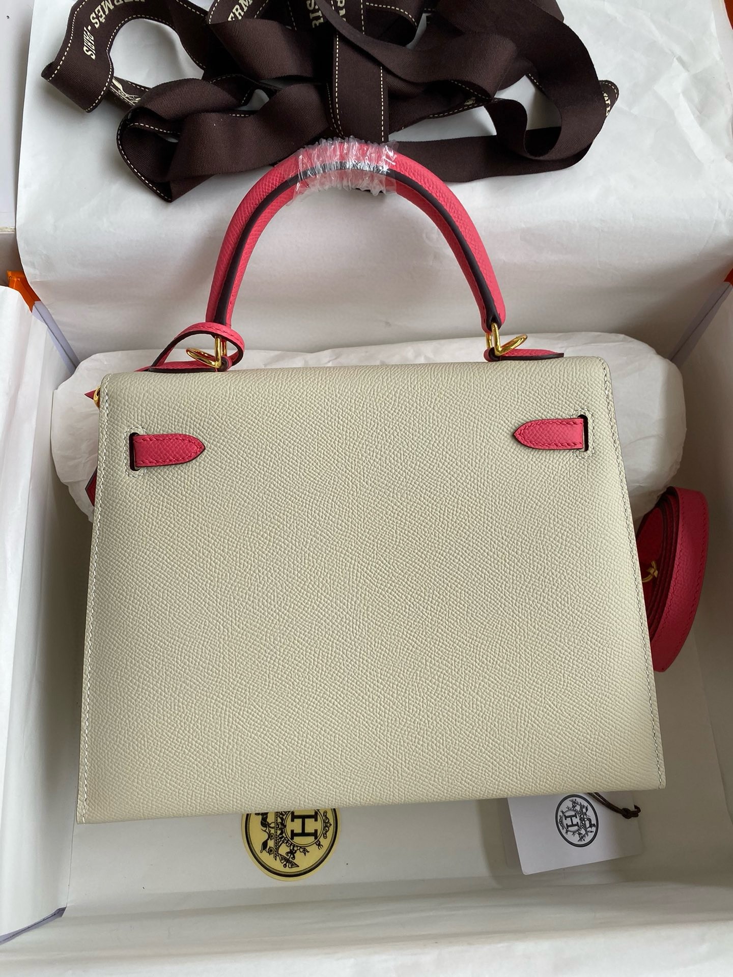 H**mes hss kelly sellier 25 bag in craie and rose lipstick epsom calfskin