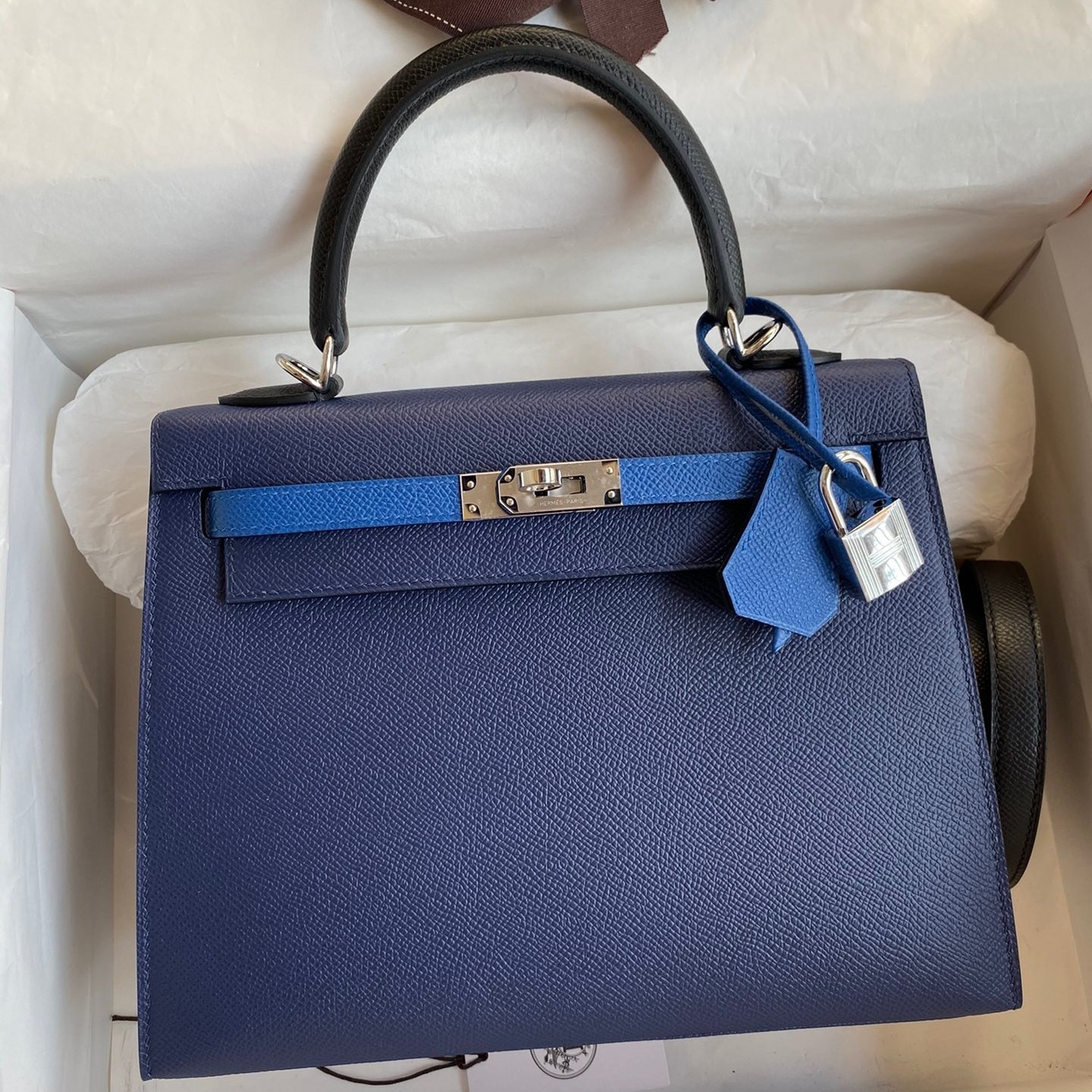 H**mes kelly sellier 25 bicolor bag in blue saphir and blue france epsom calfskin