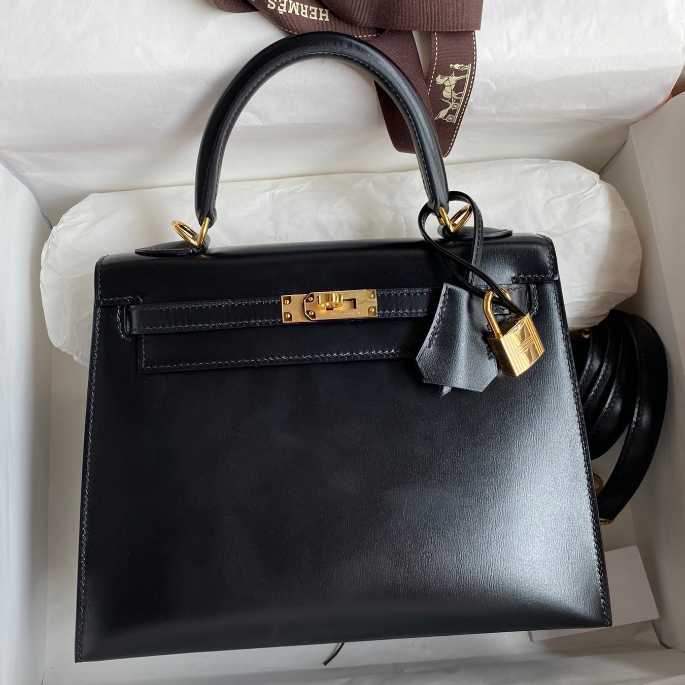 H**mes kelly sellier 25 handmade bag in black box calfskin