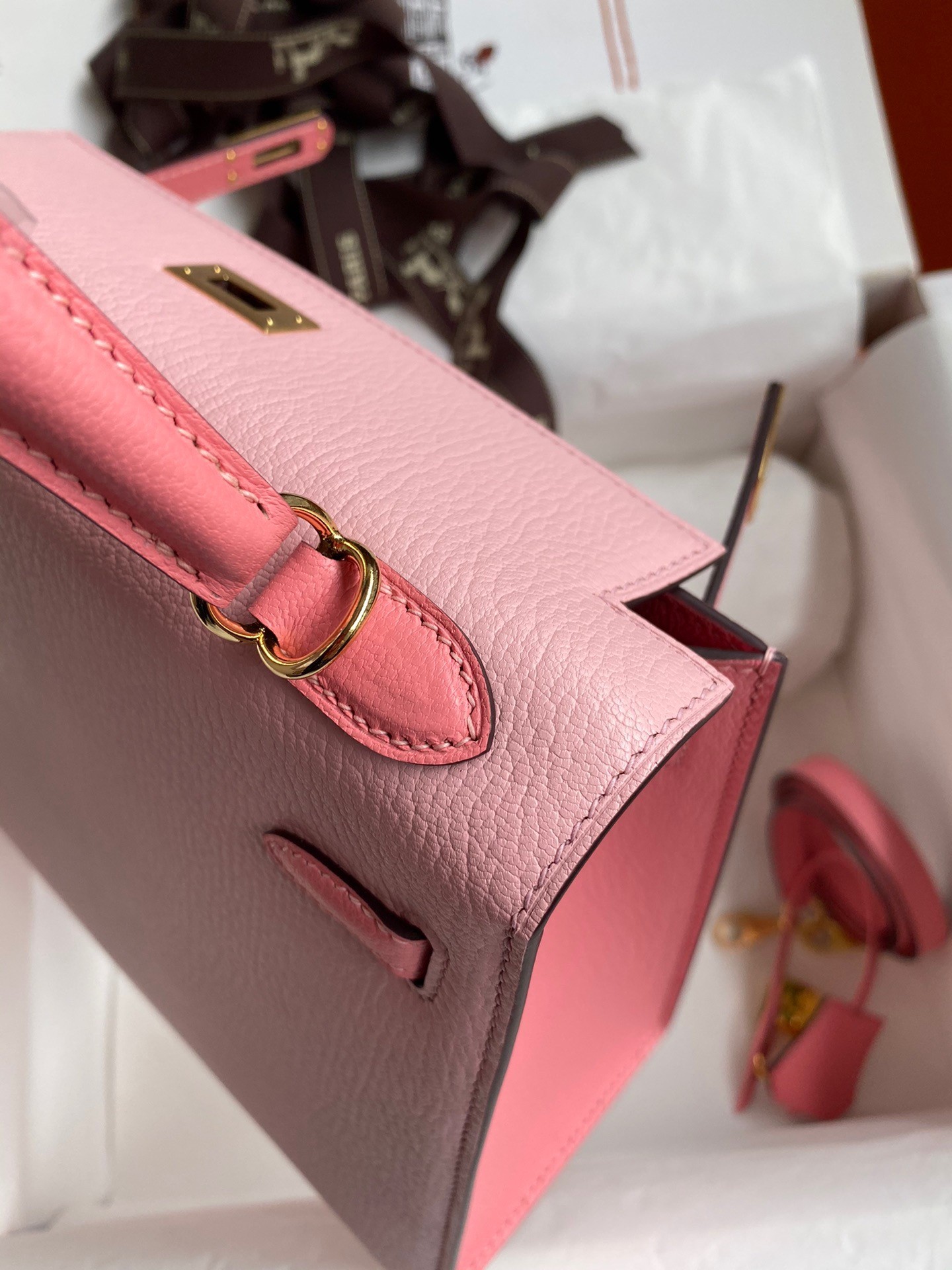 H**mes kelly sellier 25 bicolor bag in rose confetti and lipstick mysore goatskin