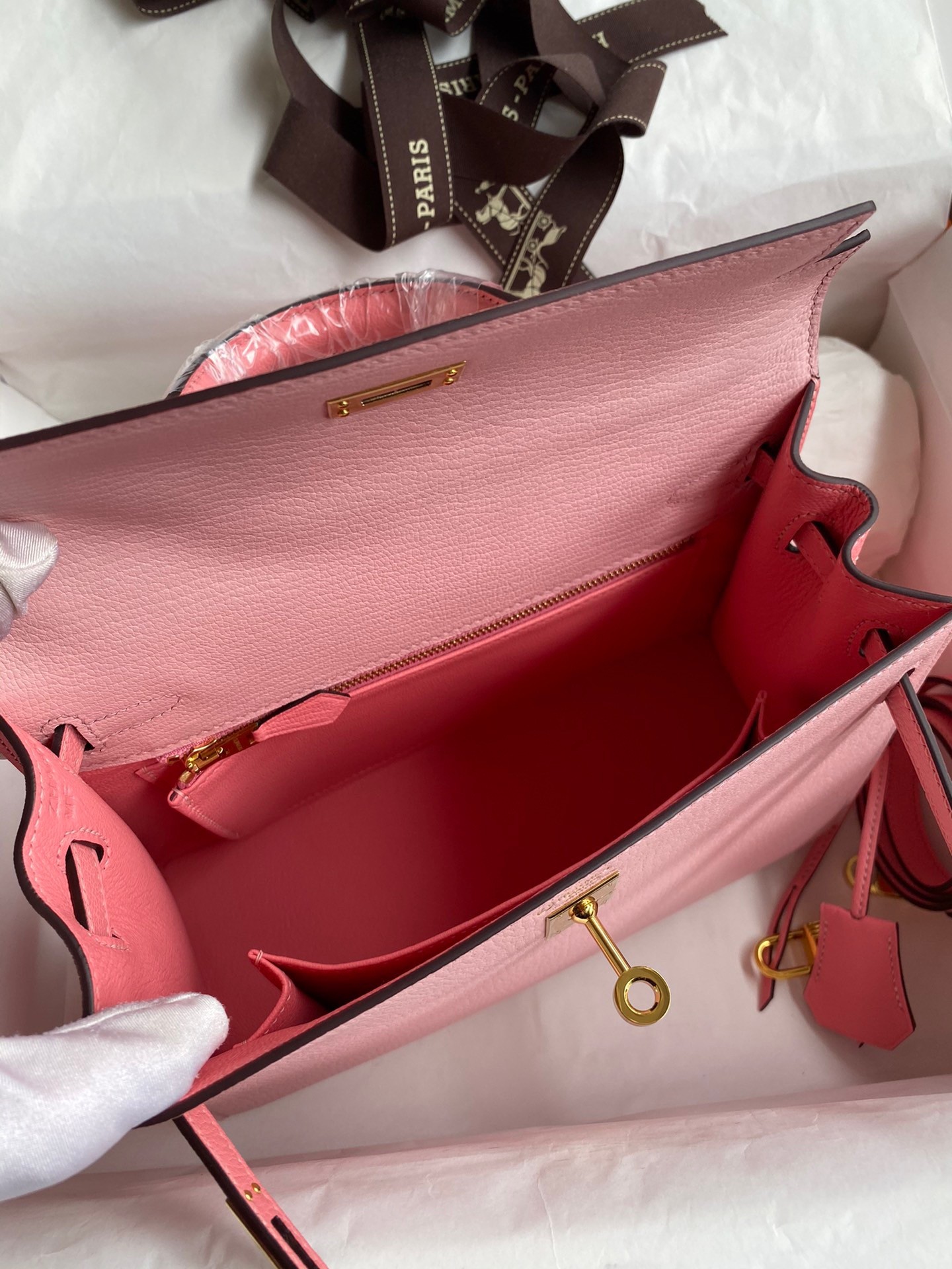 H**mes kelly sellier 25 bicolor bag in rose confetti and lipstick mysore goatskin