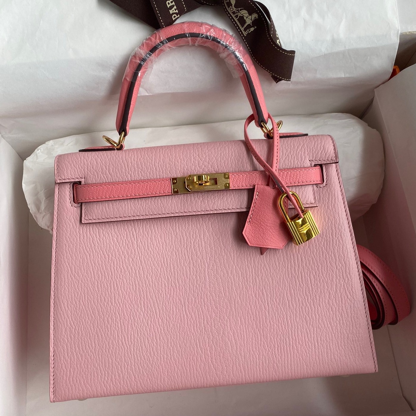 H**mes kelly sellier 25 bicolor bag in rose confetti and lipstick mysore goatskin