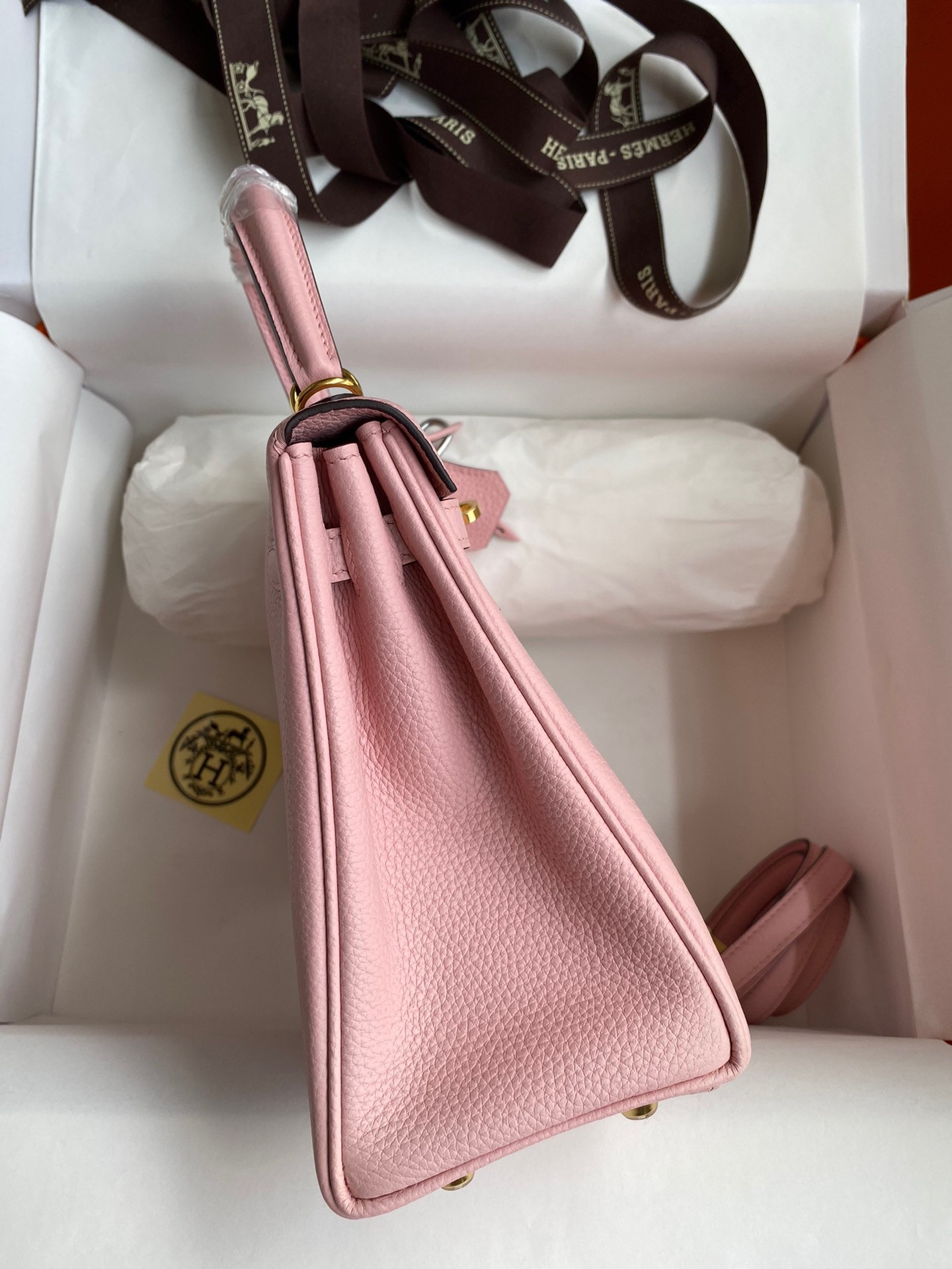 H**mes kelly retourne 25 handmade bag in rose sakura clemence leather