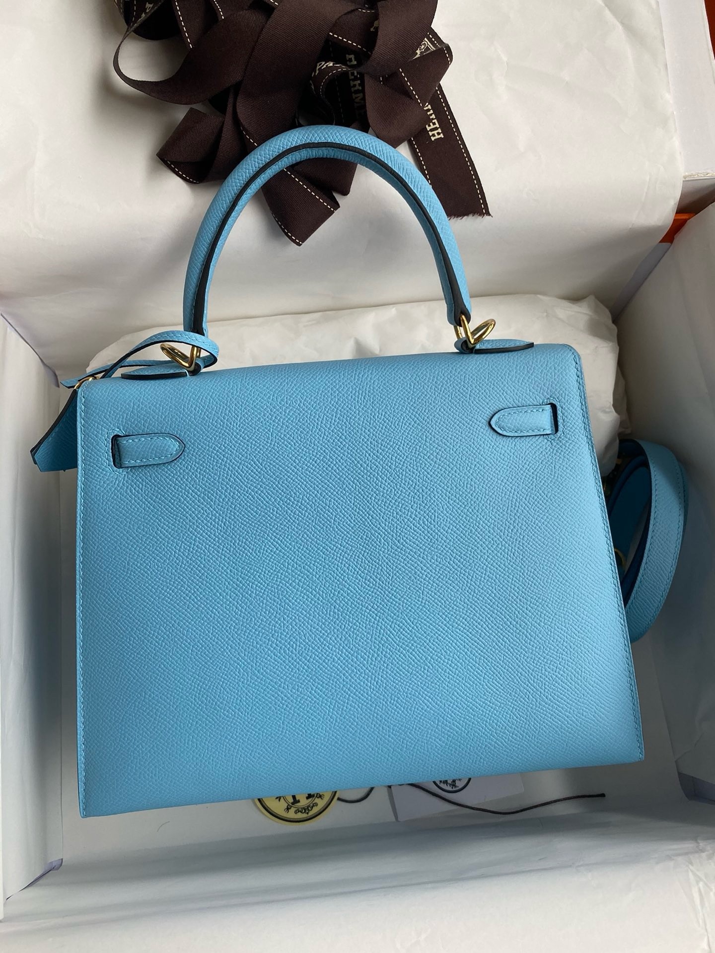H**mes kelly sellier 25 handmade bag in blue candy epsom calfskin