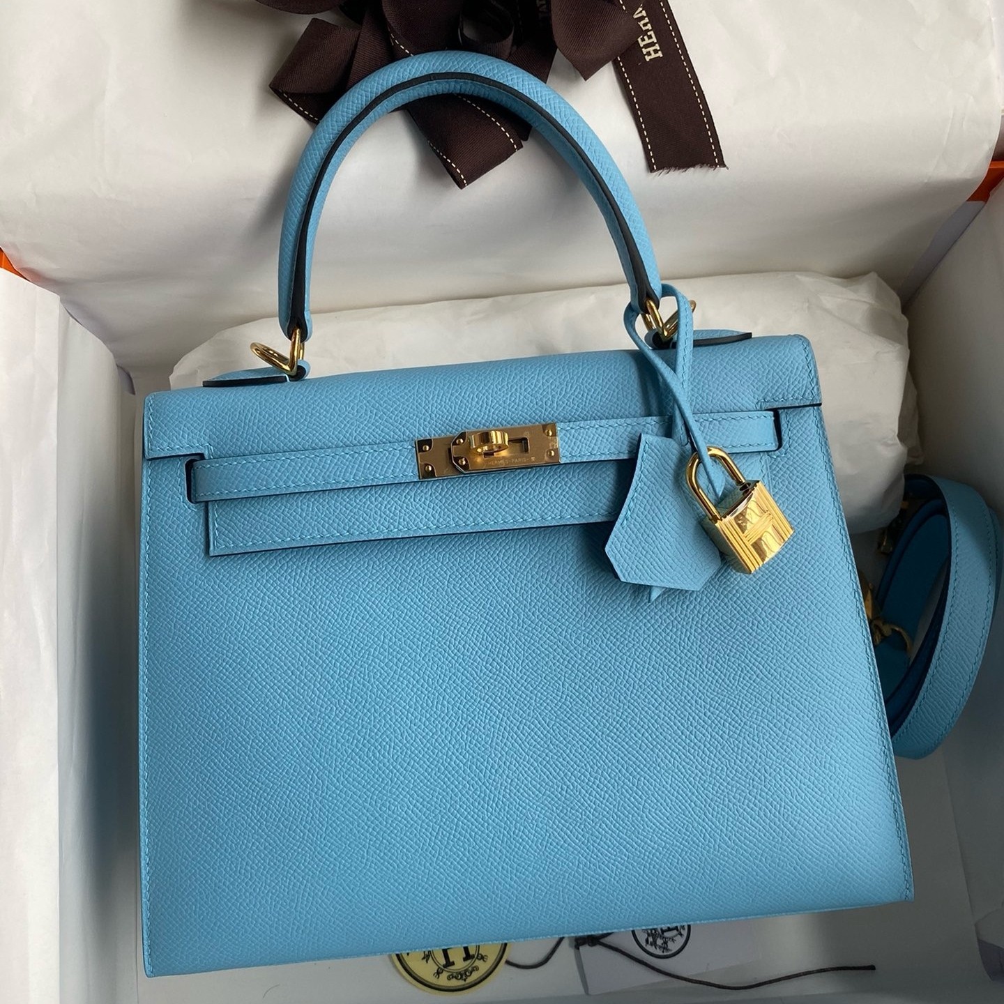 H**mes kelly sellier 25 handmade bag in blue candy epsom calfskin