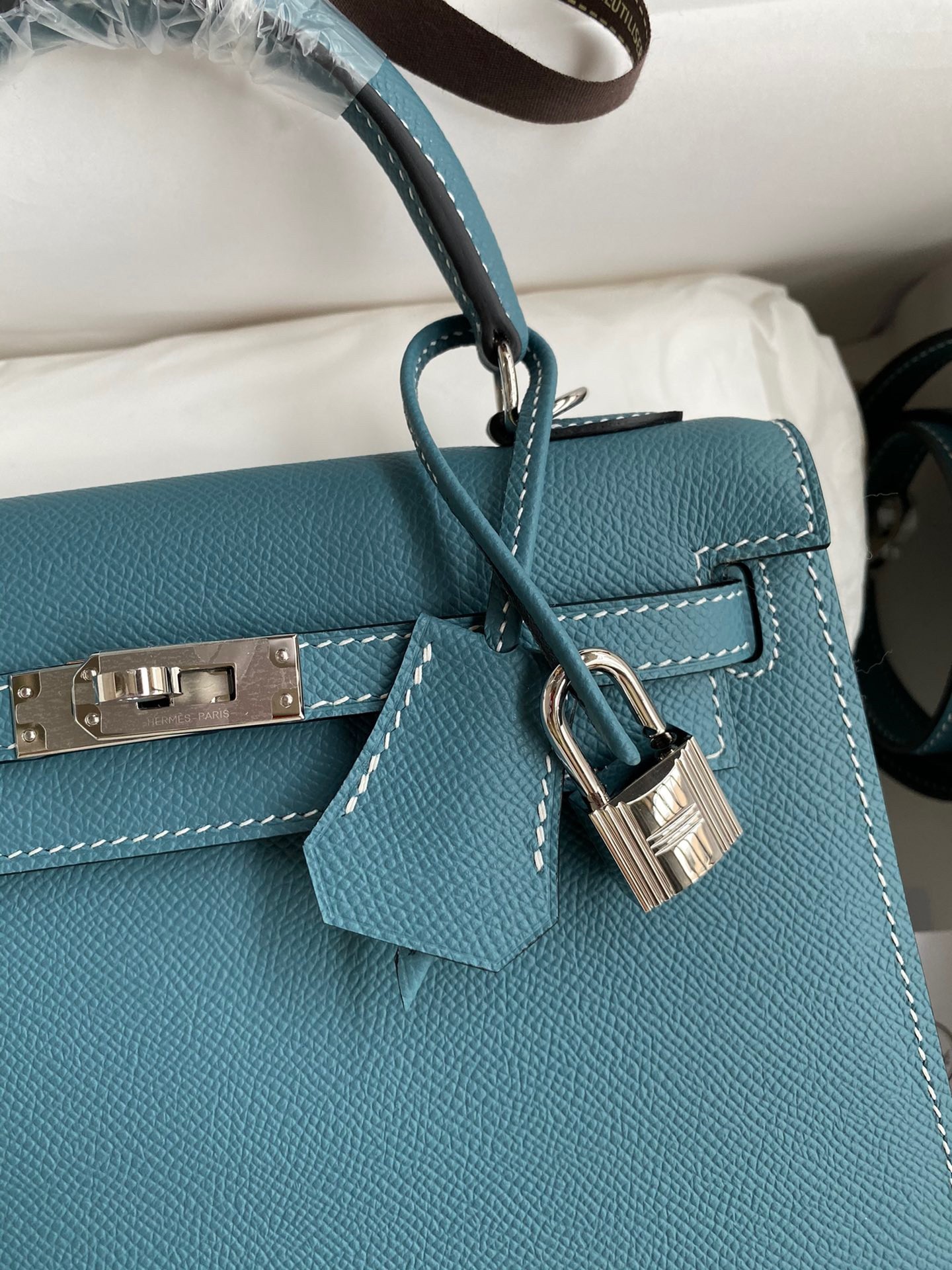 H**mes kelly sellier 25 handmade bag in blue jean epsom calfskin