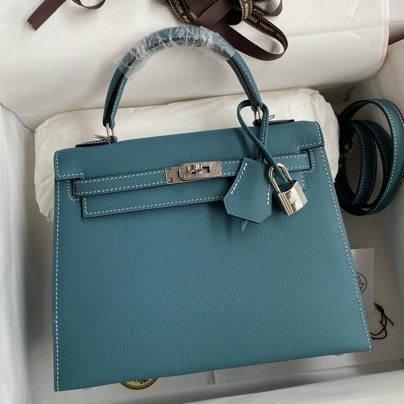 H**mes kelly sellier 25 handmade bag in blue jean epsom calfskin