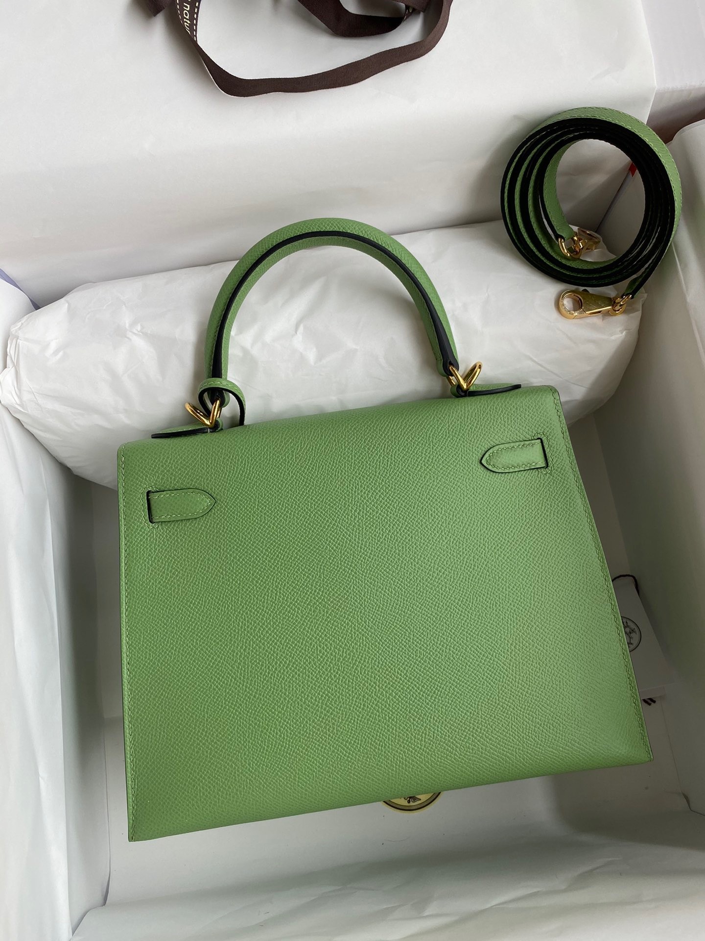 H**mes kelly sellier 25 handmade bag in vert criquet epsom calfskin