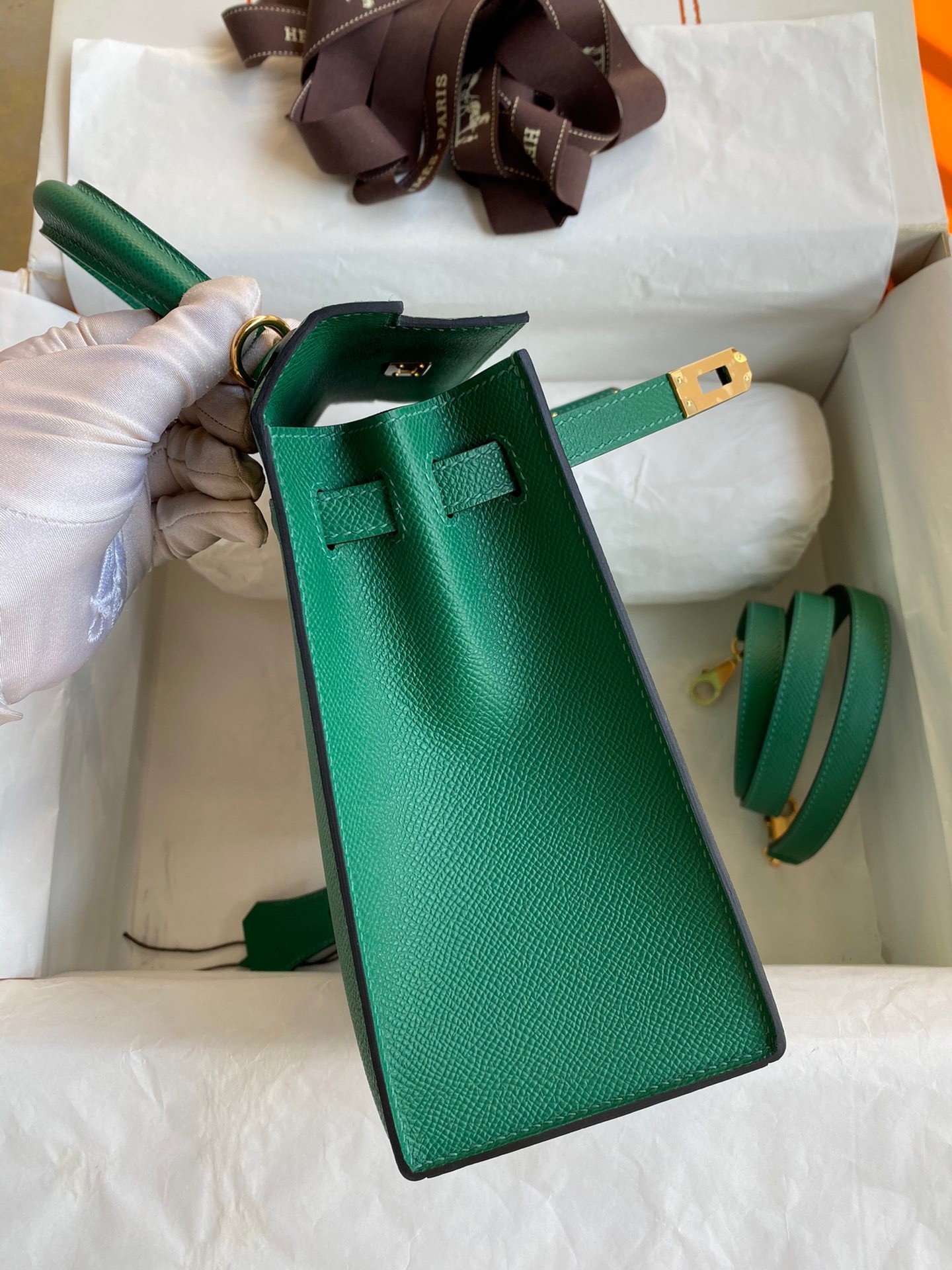 H**mes kelly sellier 25 handmade bag in vert vertigo epsom calfskin