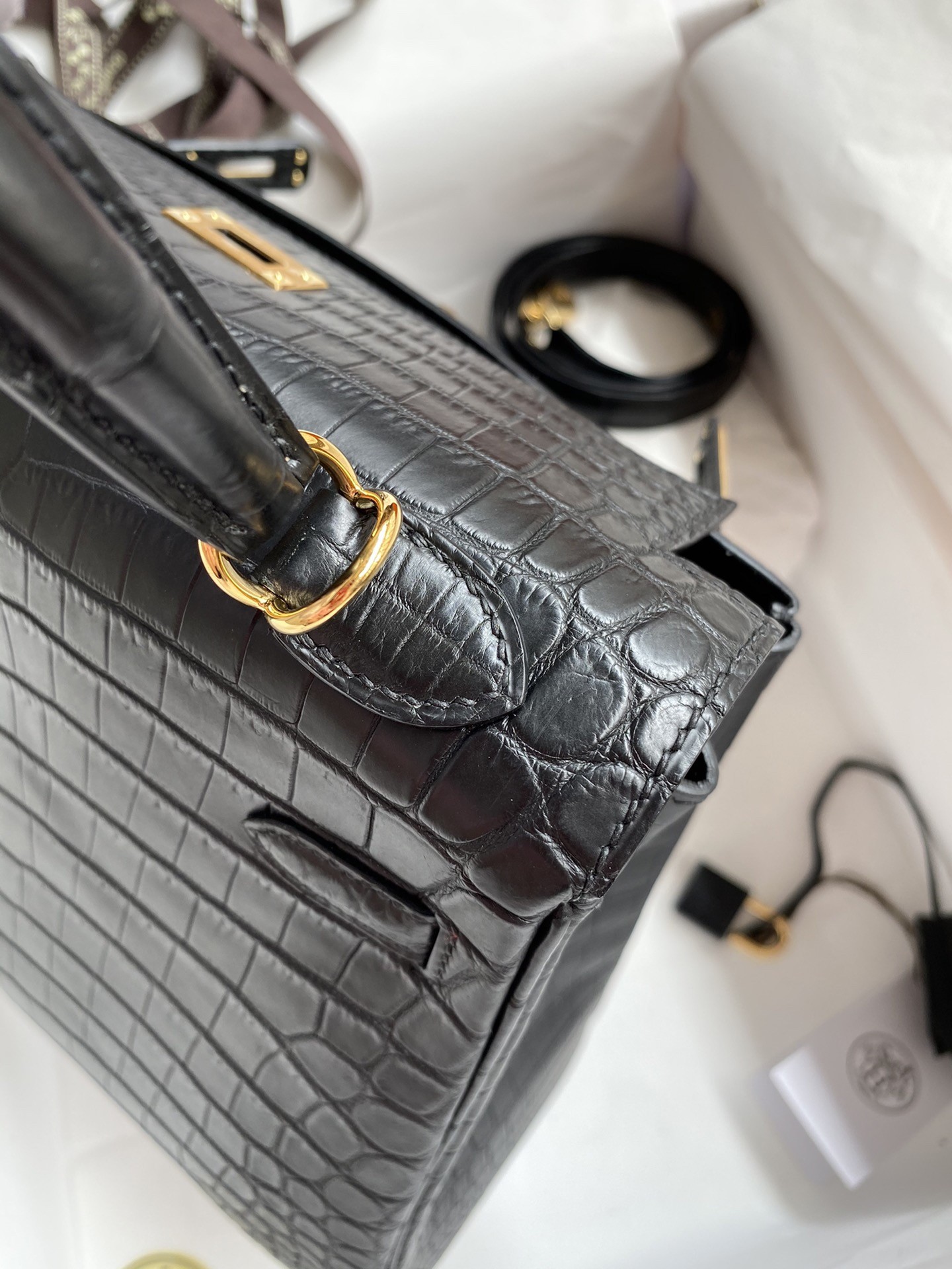 H**mes kelly retourne 25 handmade bag in black crocodile niloticus matte skin