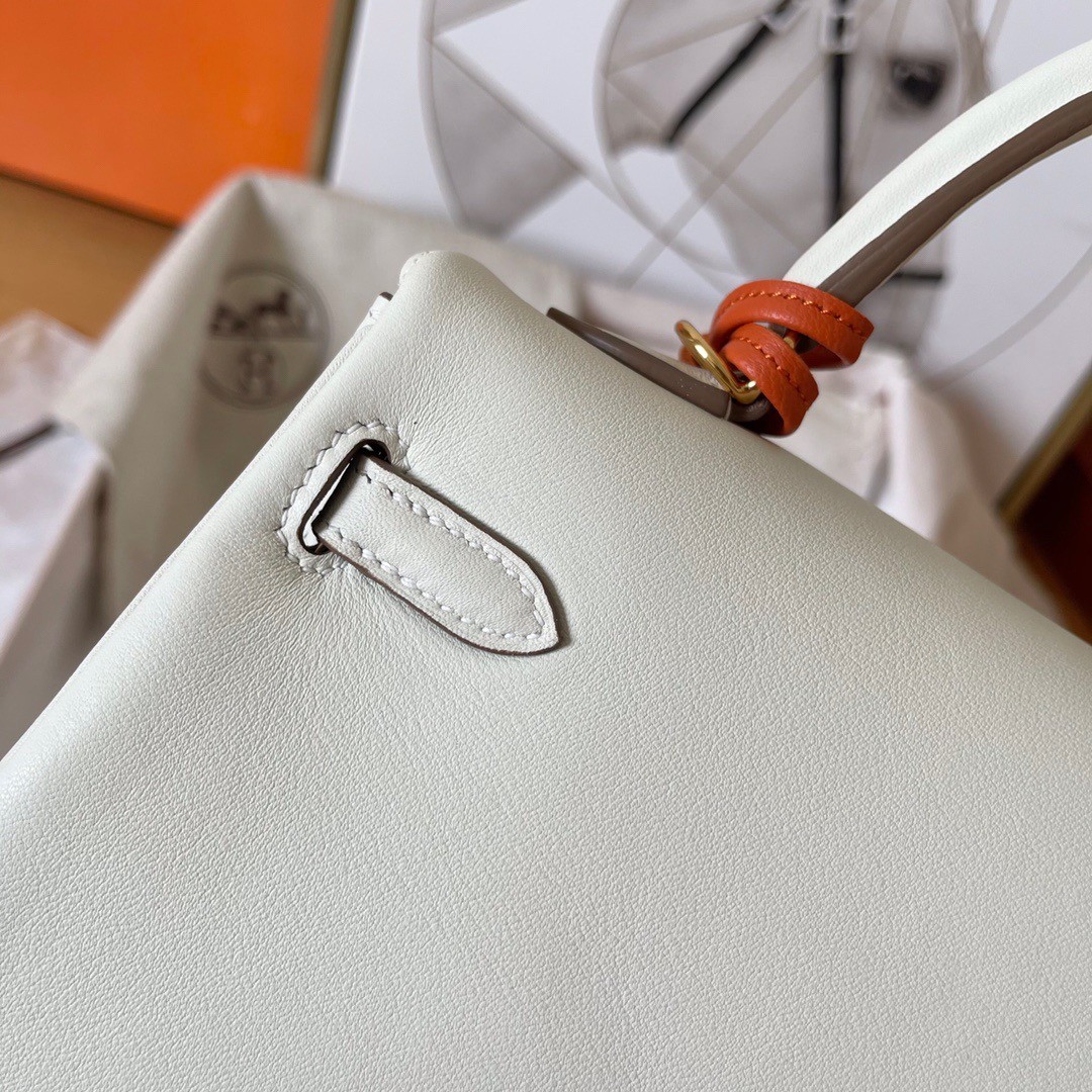 H**mes kelly retourne 25 handmade bag in craie swift calfskin