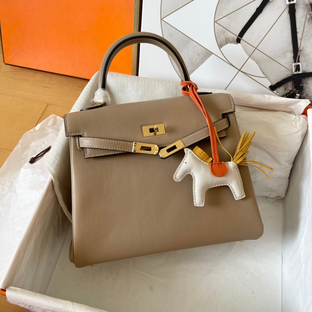 H**mes kelly retourne 25 handmade bag in grey swift calfskin