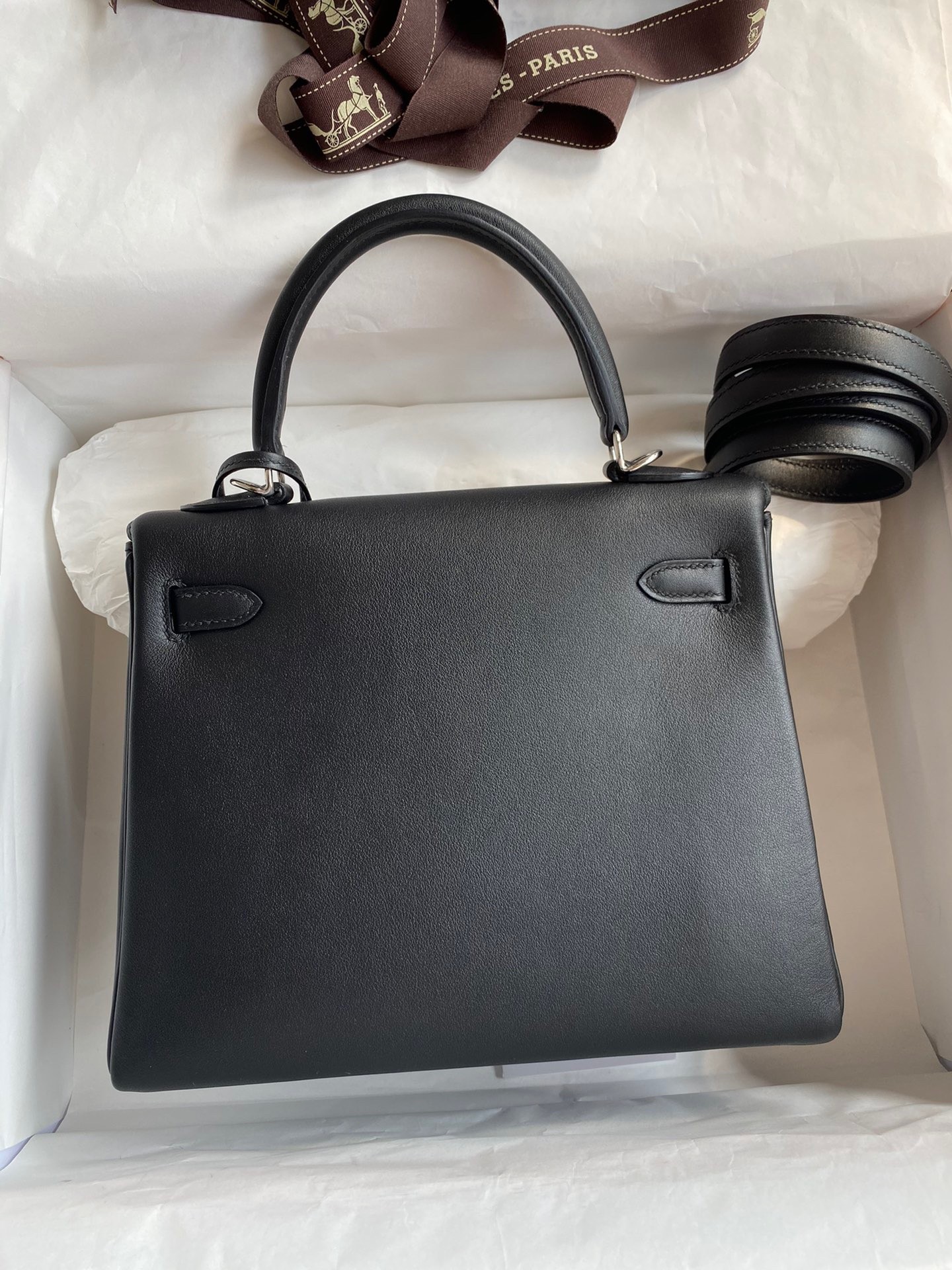 H**mes kelly retourne 25 handmade bag in black swift calfskin