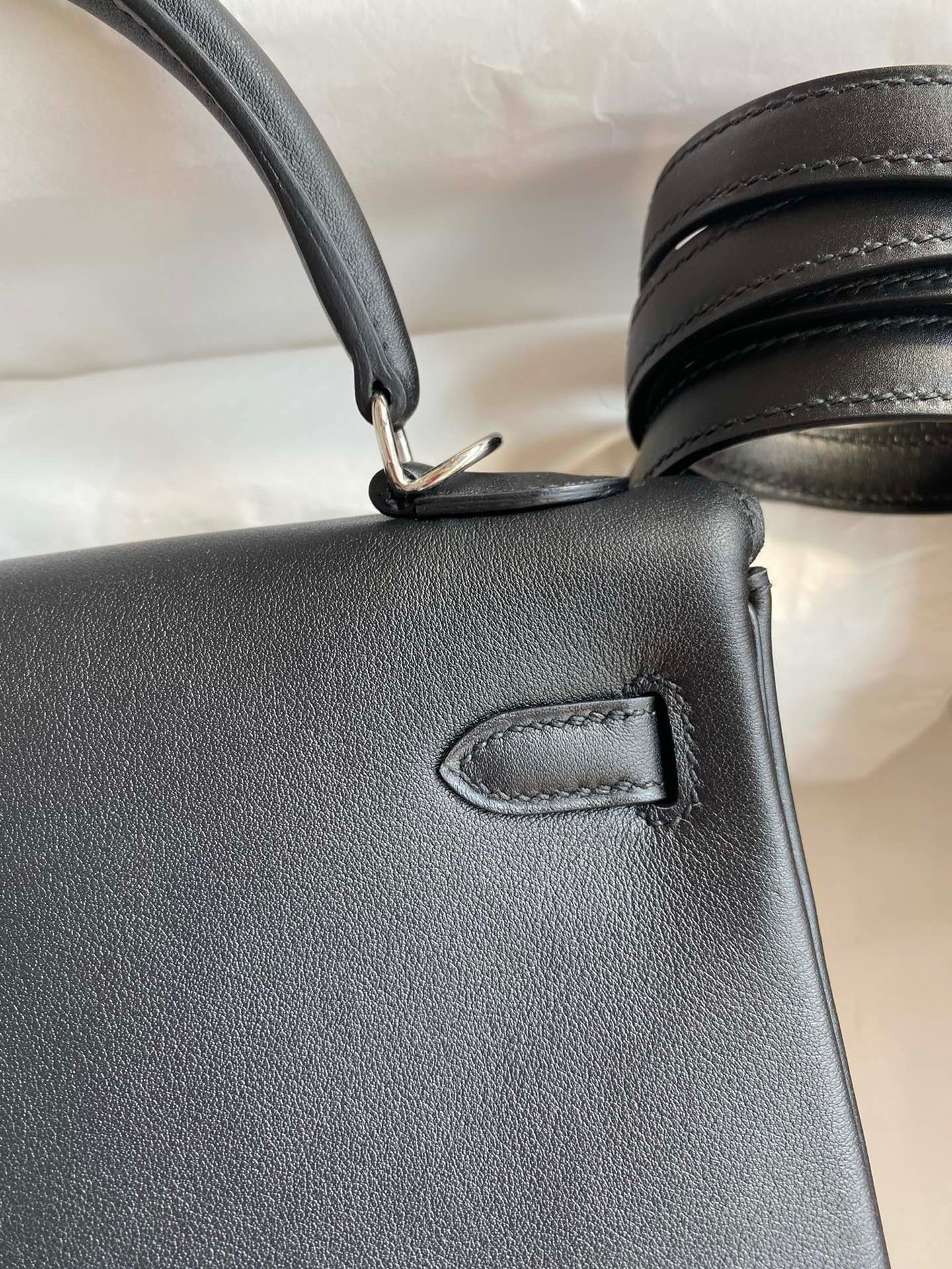 H**mes kelly retourne 25 handmade bag in black swift calfskin