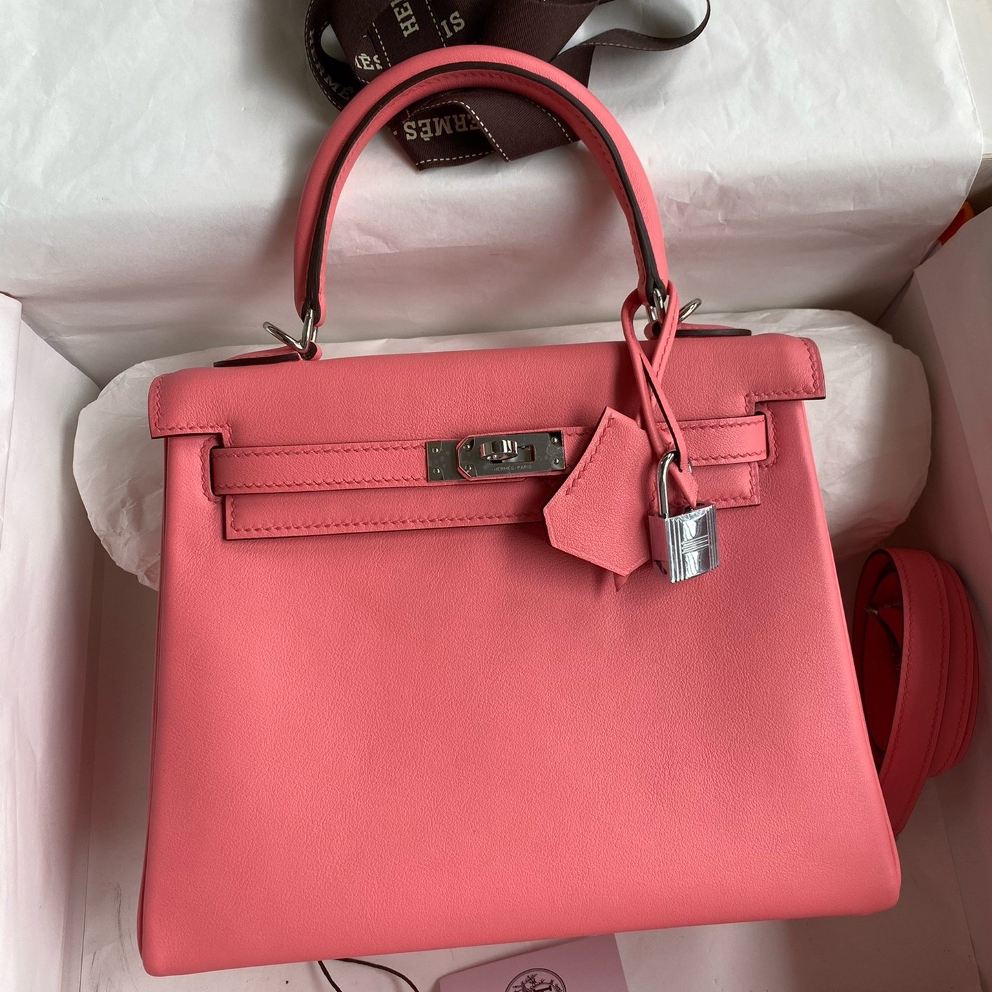 H**mes kelly retourne 25 handmade bag in rose d''ete swift calfskin