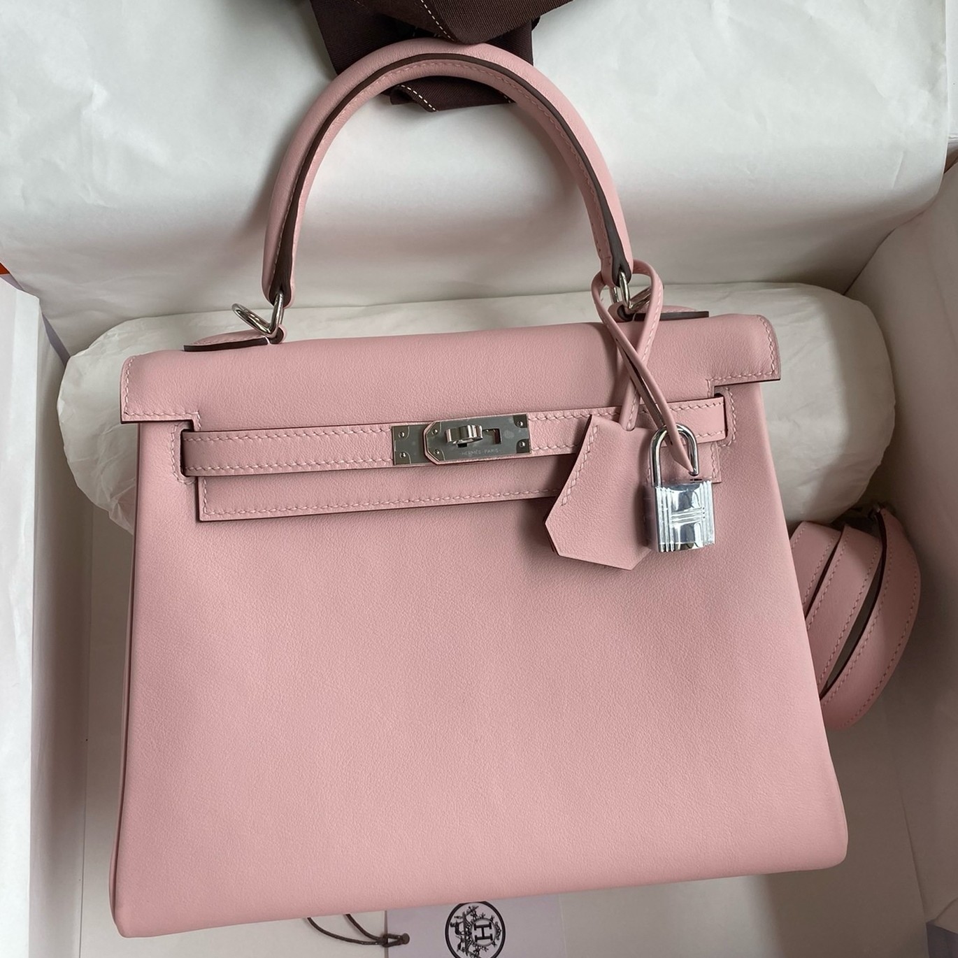H**mes kelly retourne 25 handmade bag in rose sakura swift calfskin
