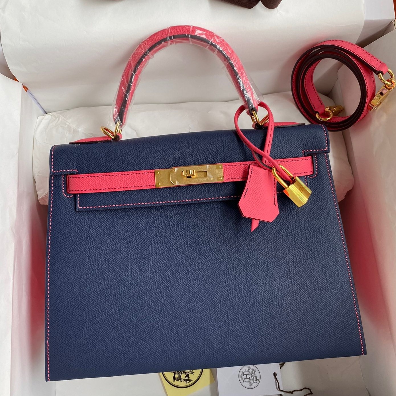 H**mes kelly sellier 28 bicolor bag in blue saphir and rose lipstick epsom calfskin