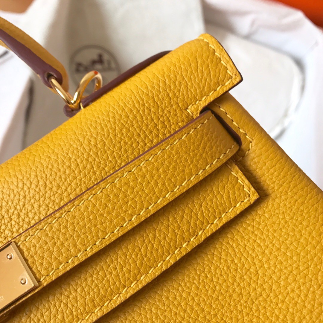 H**mes kelly retourne 28 handmade bag in jaune ambre clemence leather